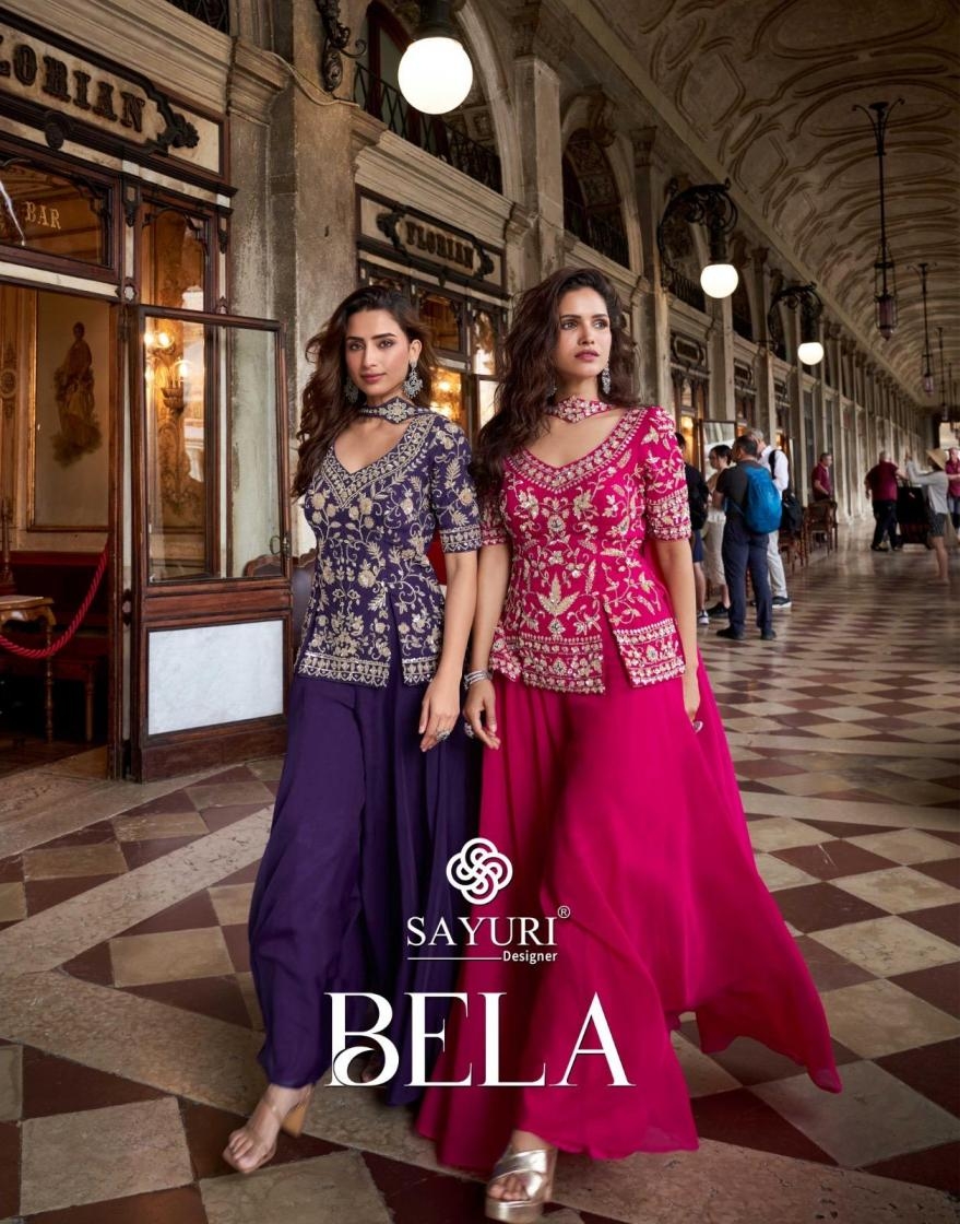 sayuri designer bela series 10097 to 10099 organza silk readymade stylish plazzo kurti with dupatta in wholesale surat