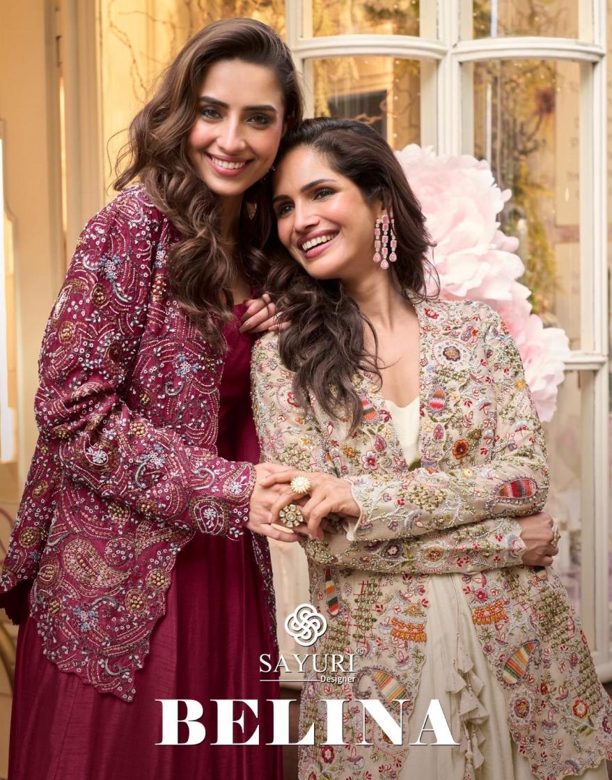 sayuri designer belina series 10090 to 10091 readymade premium silk gown with jakets in wholesale surat