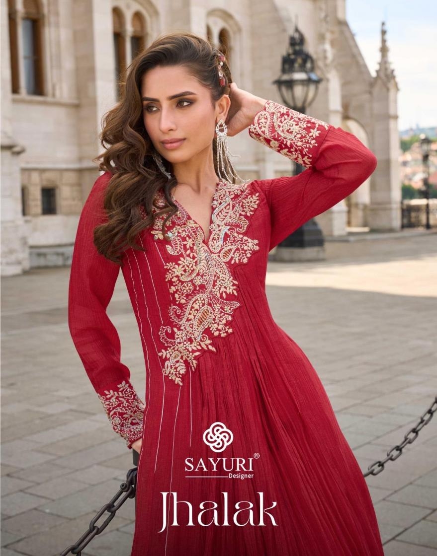 sayuri designer jhalak series 10026 to 10028 crush silk readymade exclusive gown with dupatta in wholesale surat