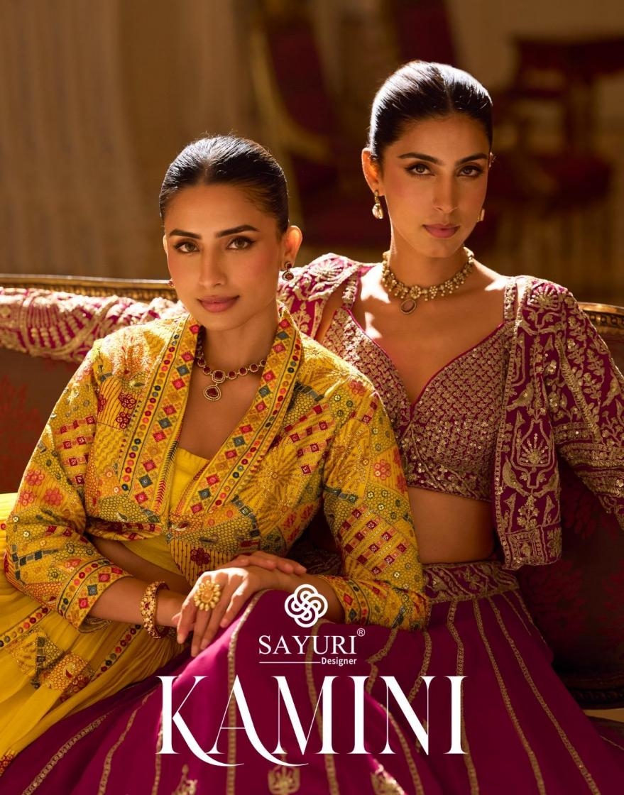 sayuri designer kamini series 10142 to 10143 full stitch georgette lehenga shrug with blouse in wholesale surat
