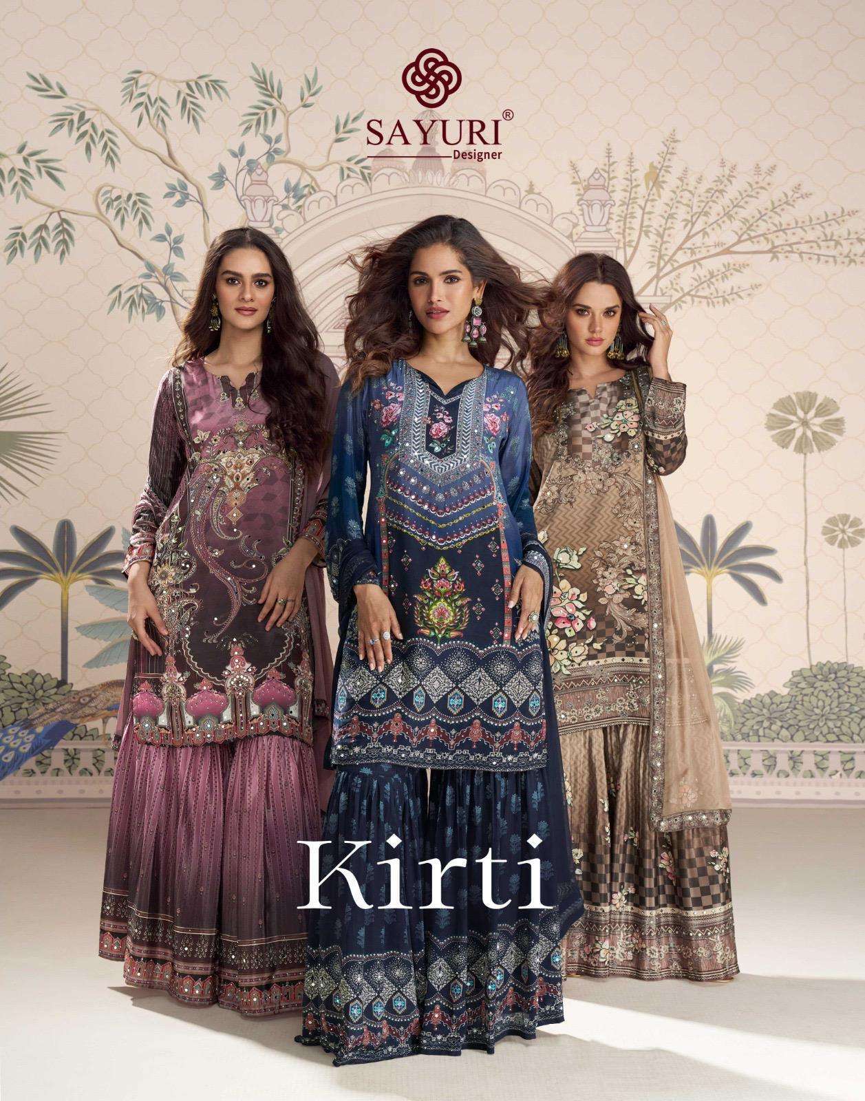 sayuri designer kirti series 10181 to 10185 crep silk exclusive readymade sharara suits in wholesale surat