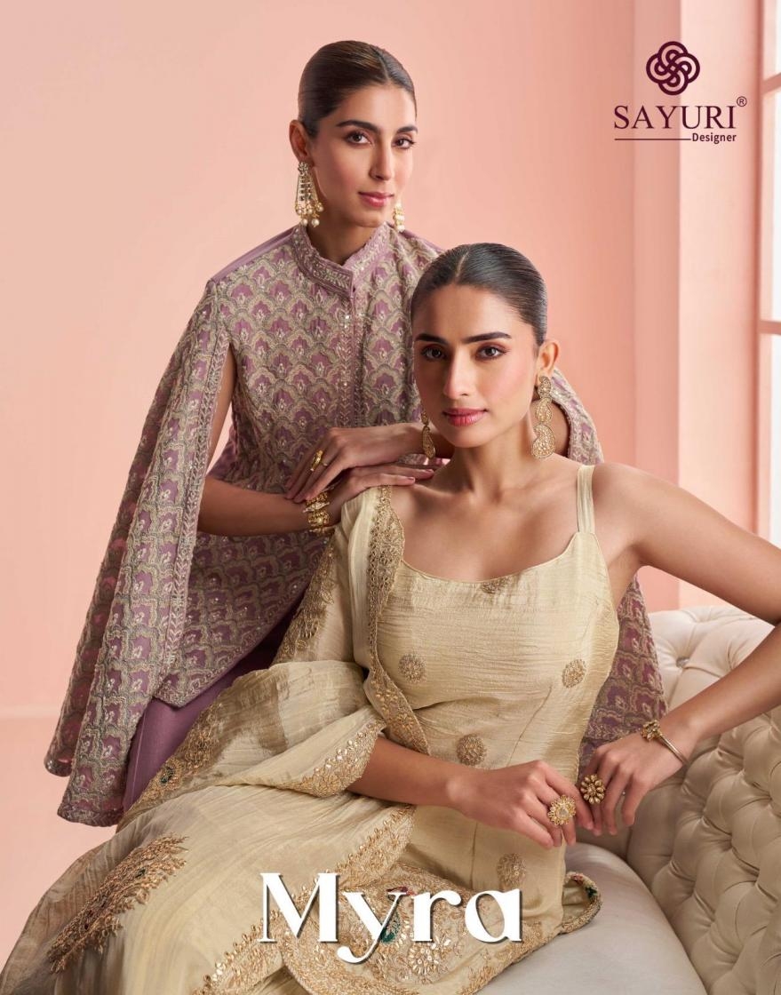 sayuri designer myra series 10126 to 10128 readymade premium chinon silk sharara & plazzo style suit in wholesale surat
