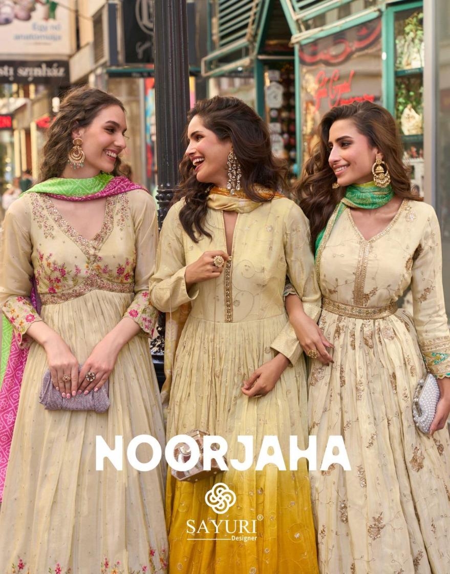 sayuri designer noorjaha series 5882 to 5884 simar silk readymade fashionable gown with dupatta in wholesale surat
