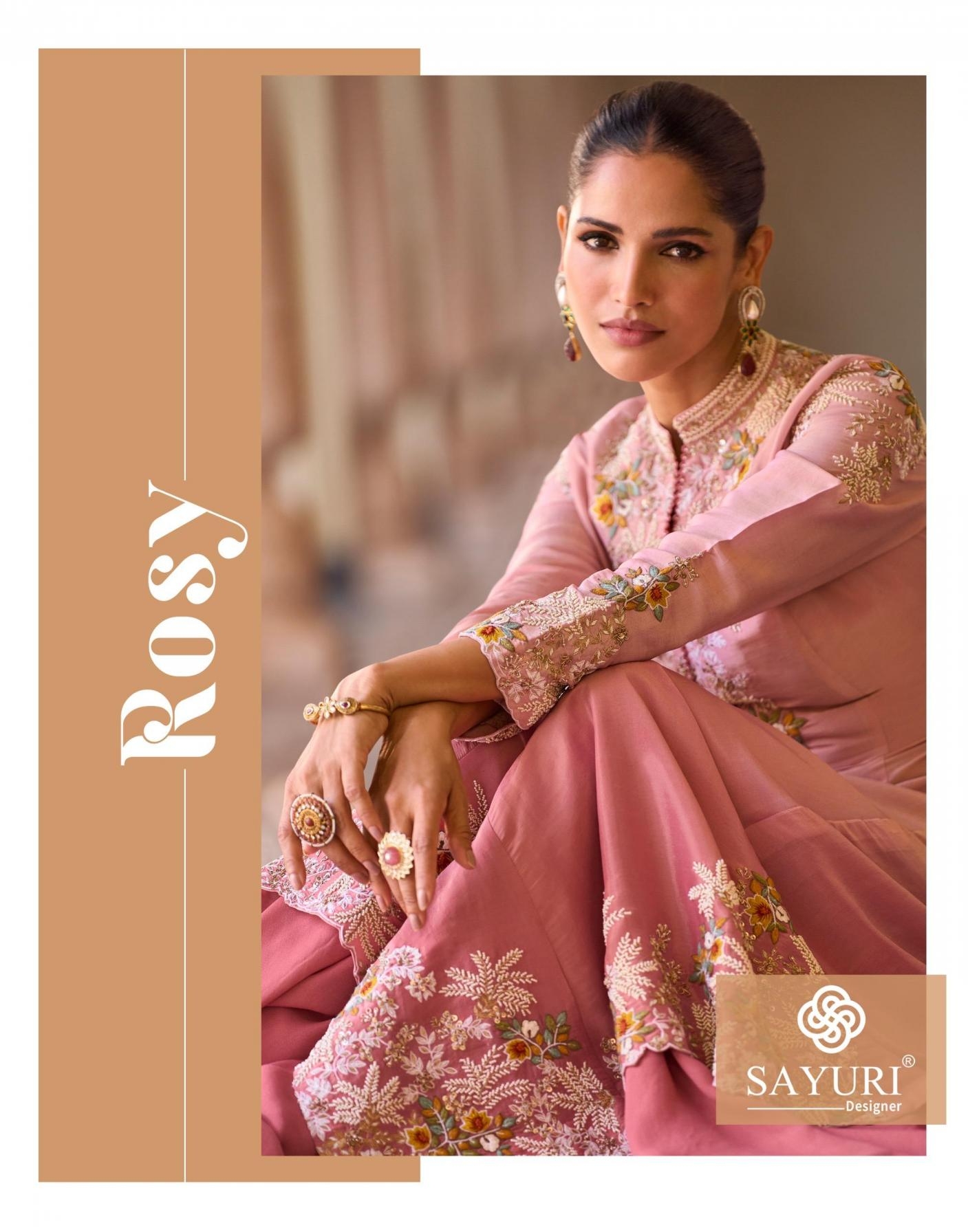 sayuri designer rosy series 5864 to 5867 fully stitch chinon shrug blouse & plazzo western suit in wholesale surat