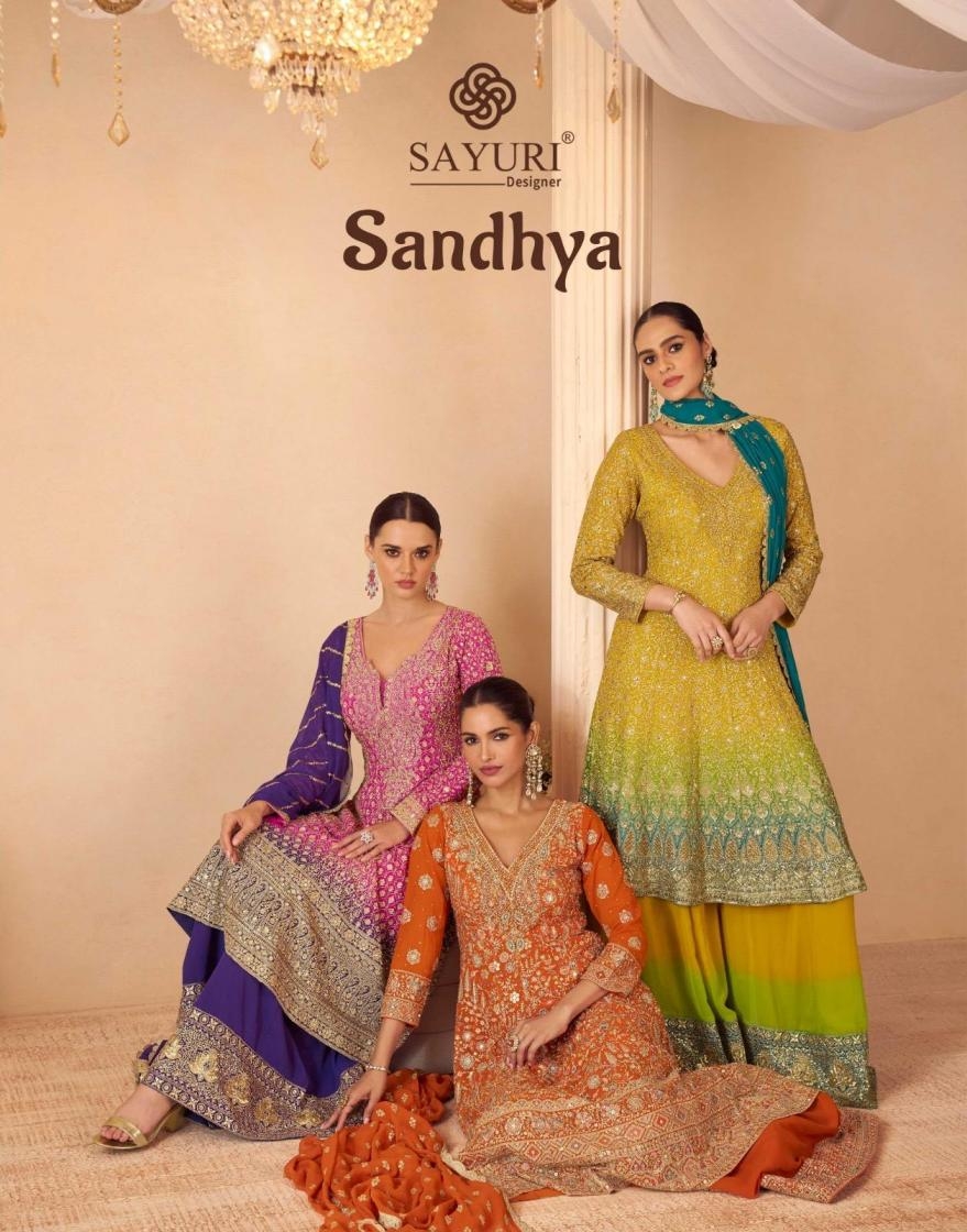 sayuri designer sandhya series 10148 to 10151 georgette readymade attractive look plazzo suits in wholesale surat