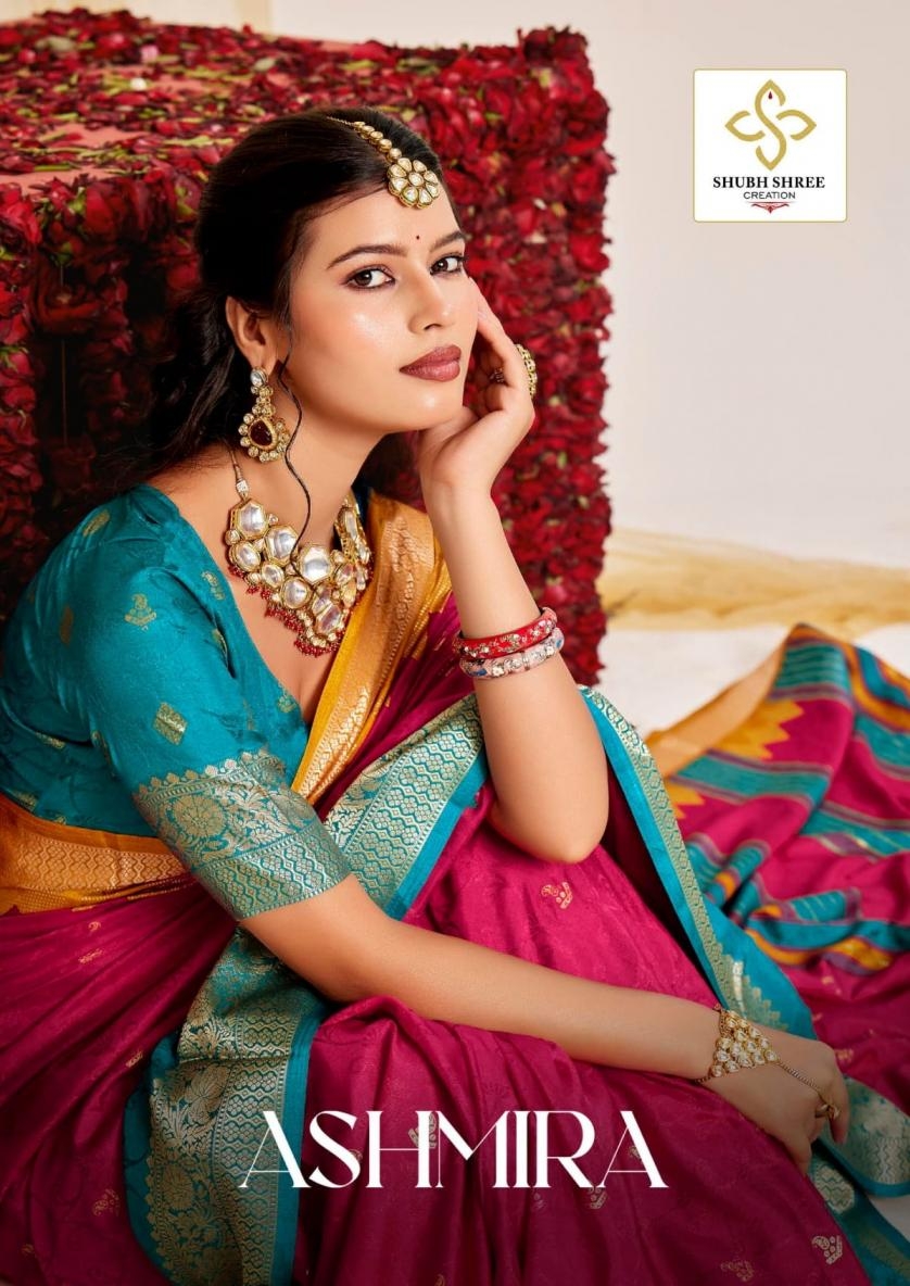 shubh shree creation ashmira series 1001 to 1008 velvet tusser silk traditional sarees in wholesale surat