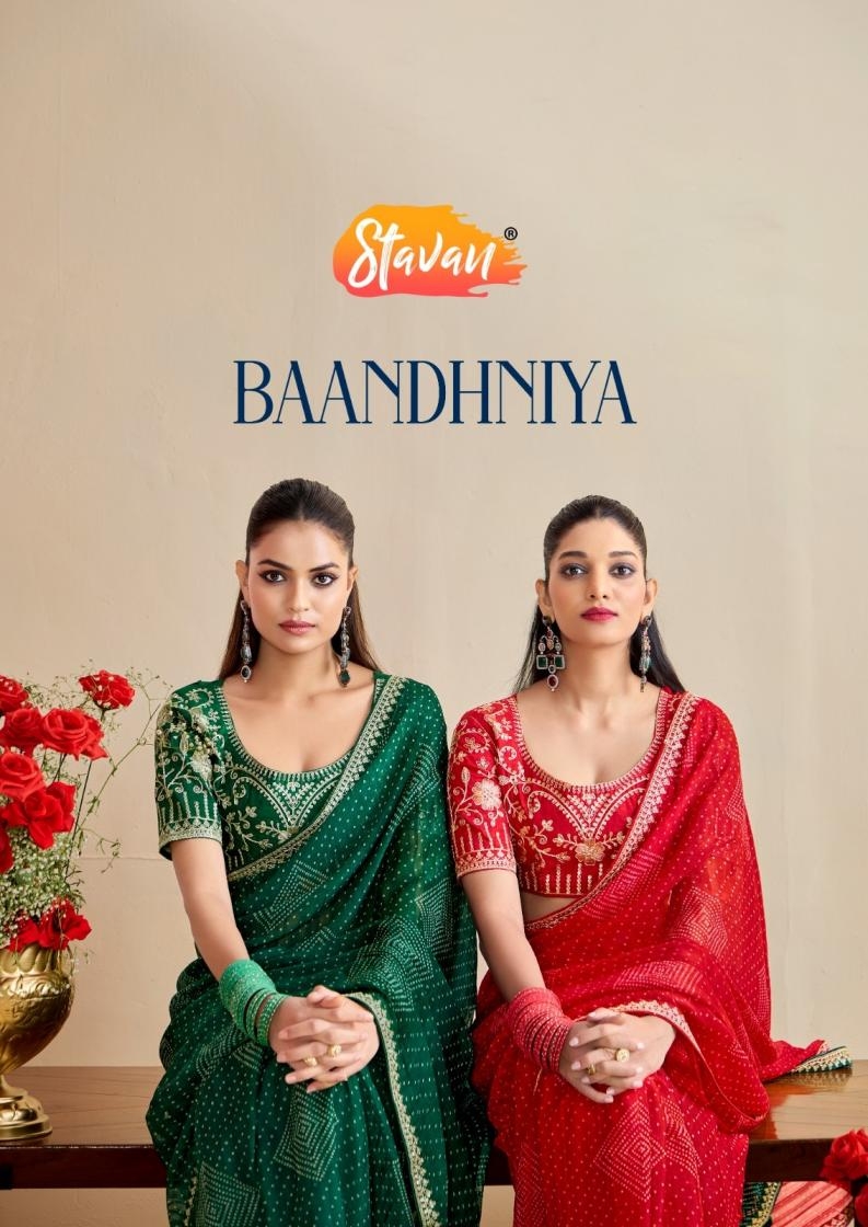 stavan baandhniya series 1001 to 1010 elegant style georgette sarees in wholesale surat
