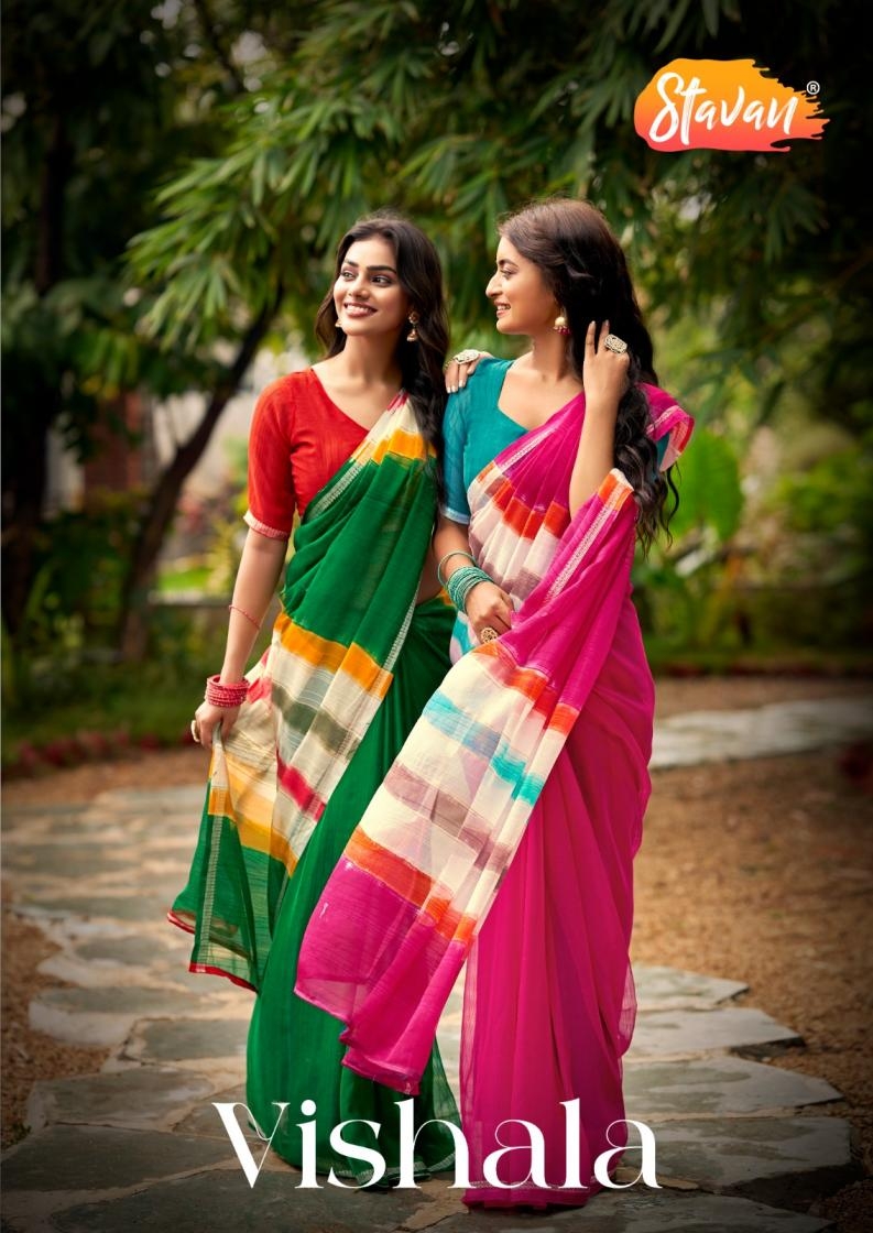 stavan vishala series 1001 to 1010 elegance juth chiffon weaving saree in wholesale surat