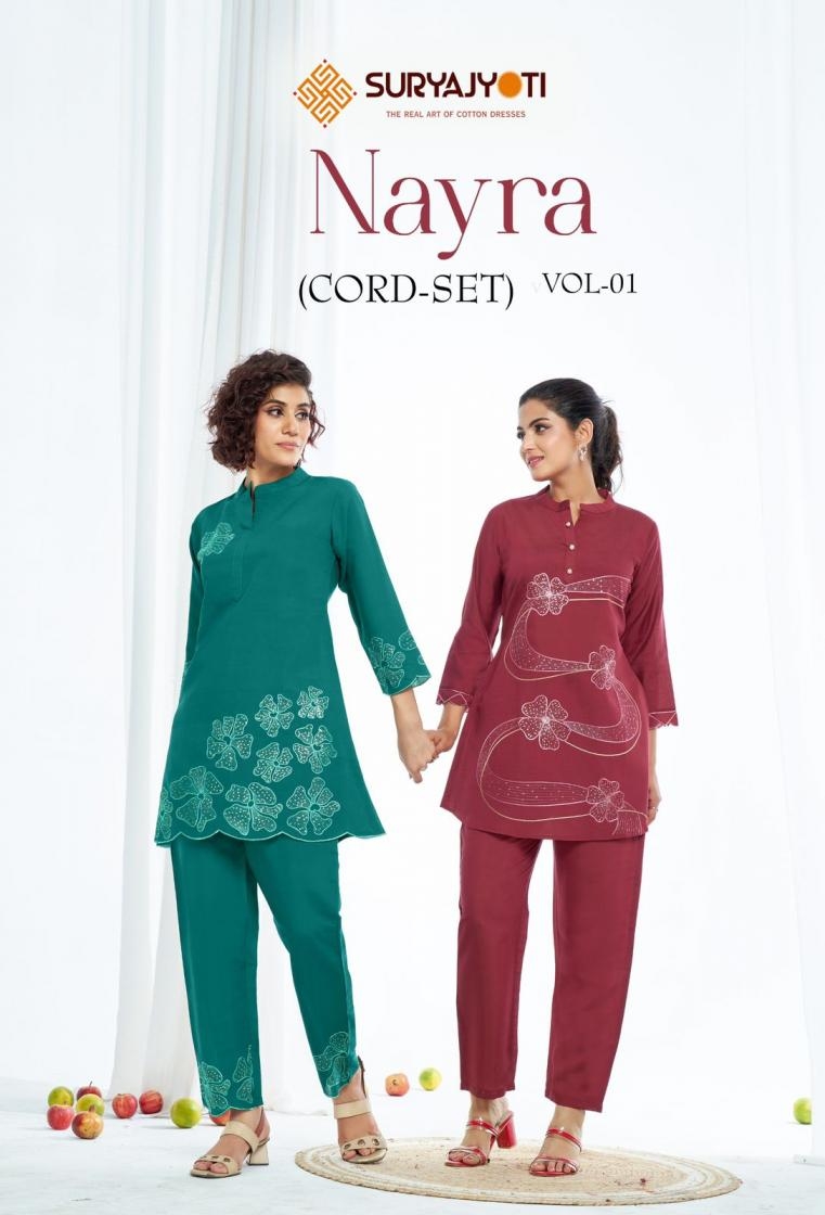 suryajyoti nayra vol 1 series 1001 to 1006 amazing roman silk full stitch co-ord sets in wholesale surat