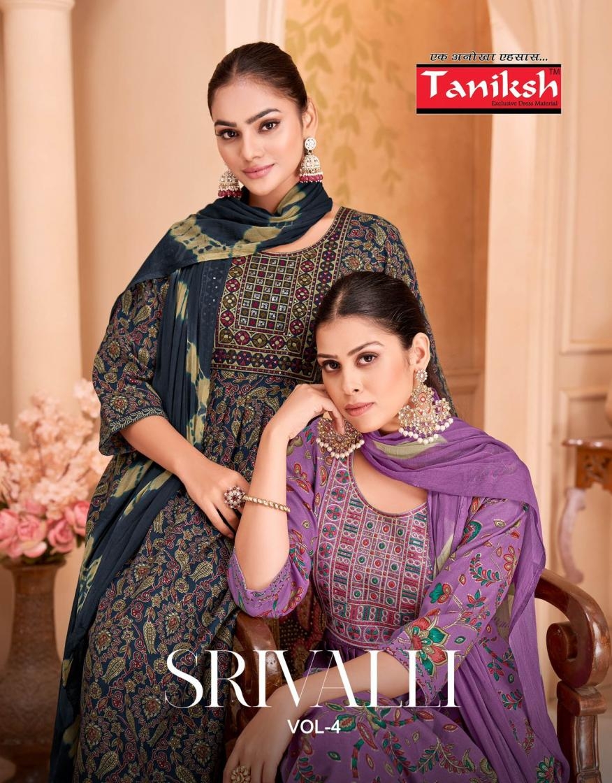 taniksh srivalli vol 4 series 4001 to 4008 amazing capsule foil print fully stitch suit in wholesale surat