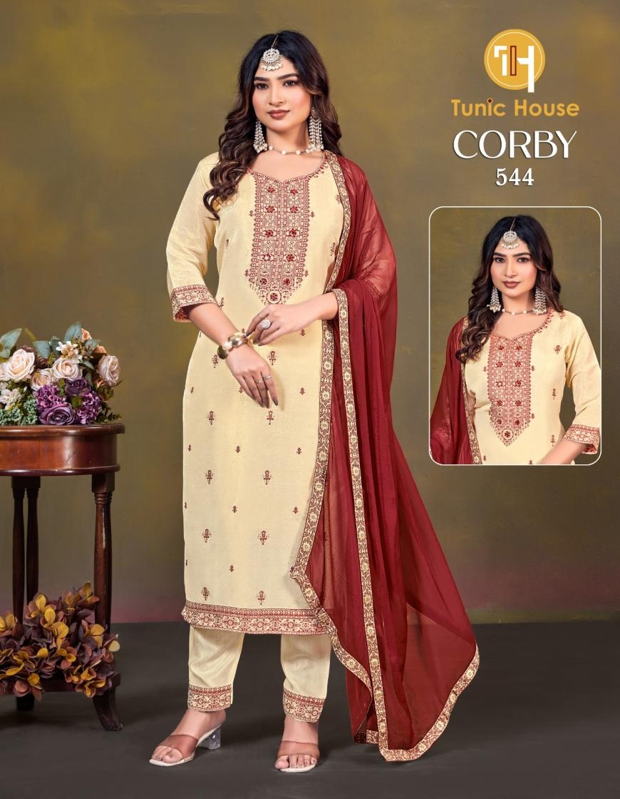 TUNIC HOUSE CORBY-542 SERIES 542 To 545 FANCY READYMADE SUIT COMBO SET IN WHOLESALE SURAT