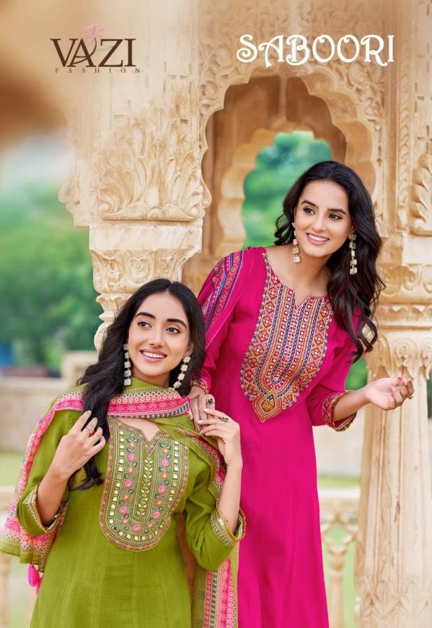 vazi fashion saboori series 1001 to 1004 full stitch pretty viscose chiffon salwar kameez in wholesale surat