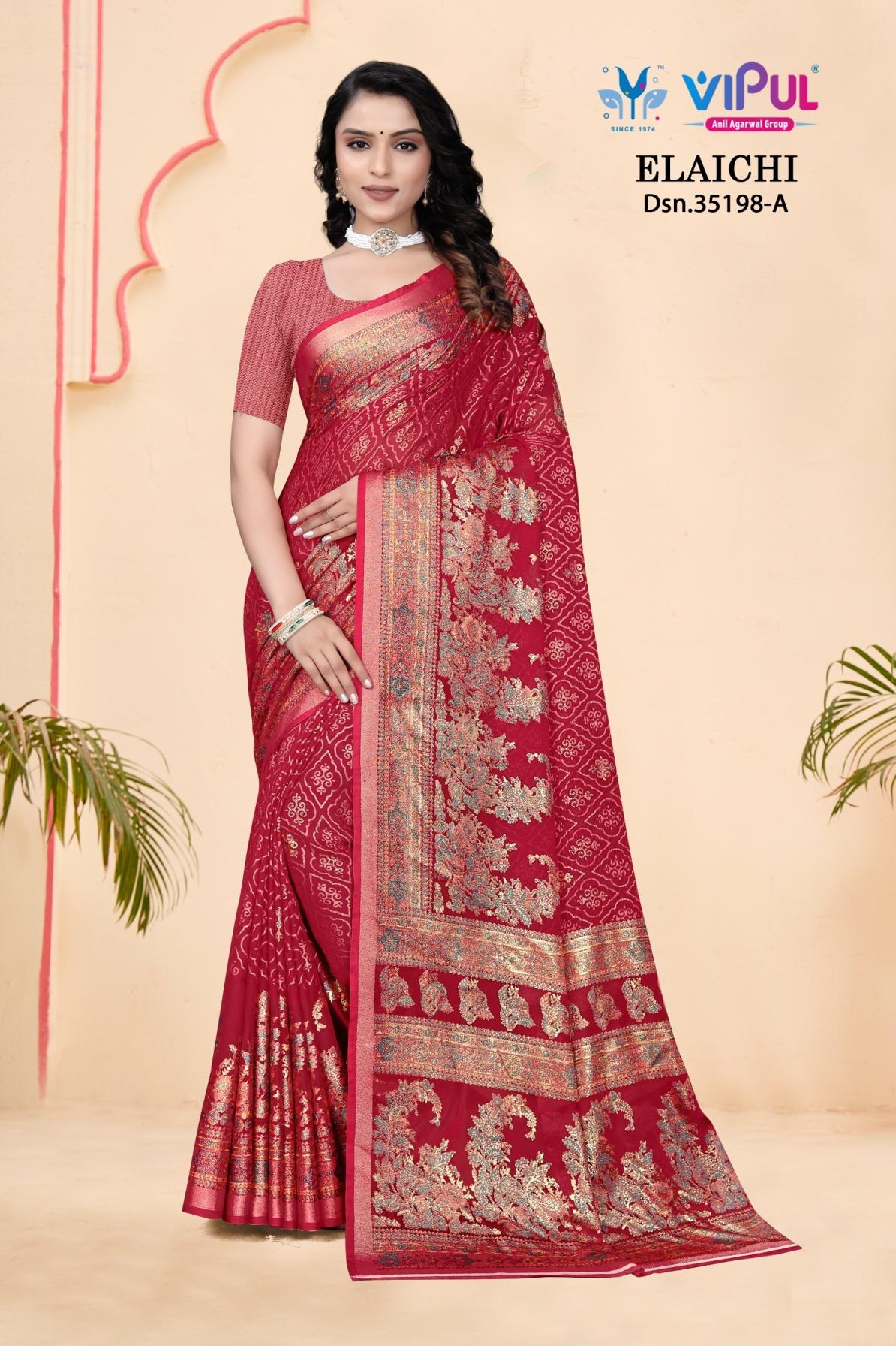 vipul elaichi series 35198 A to 35198 D silk brasso amazing saree  in wholesale surat