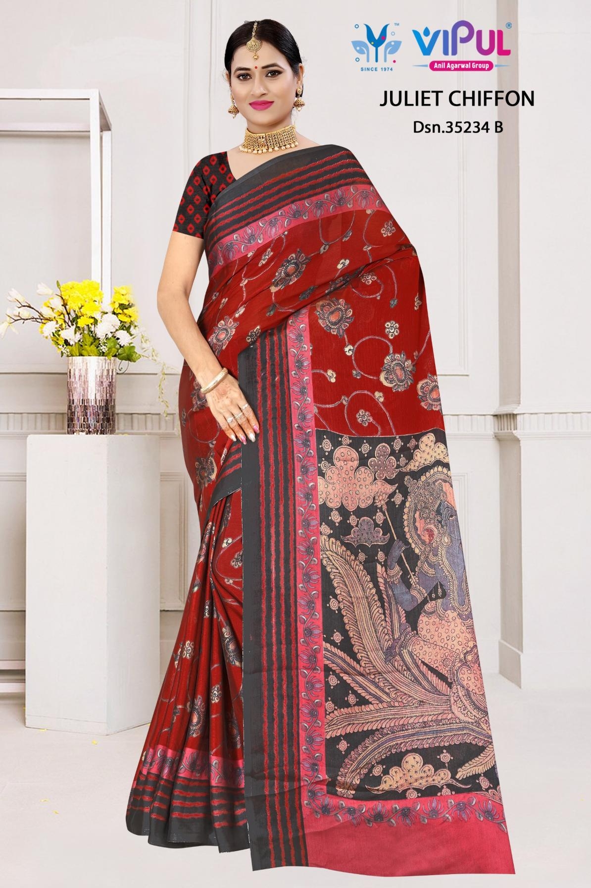 vipul juliet chiffon series 35234 A to 35234 D chiffon hit design 4 colour matching sarees in wholesale surat