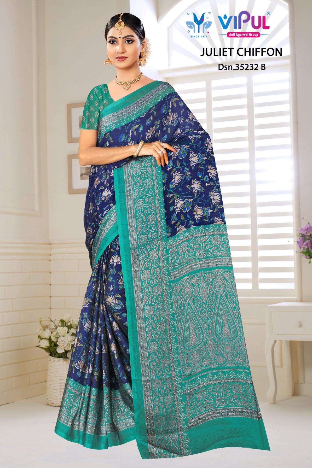 vipul juliet series 35232 A to 35232 D chiffon hit design saree in wholesale surat