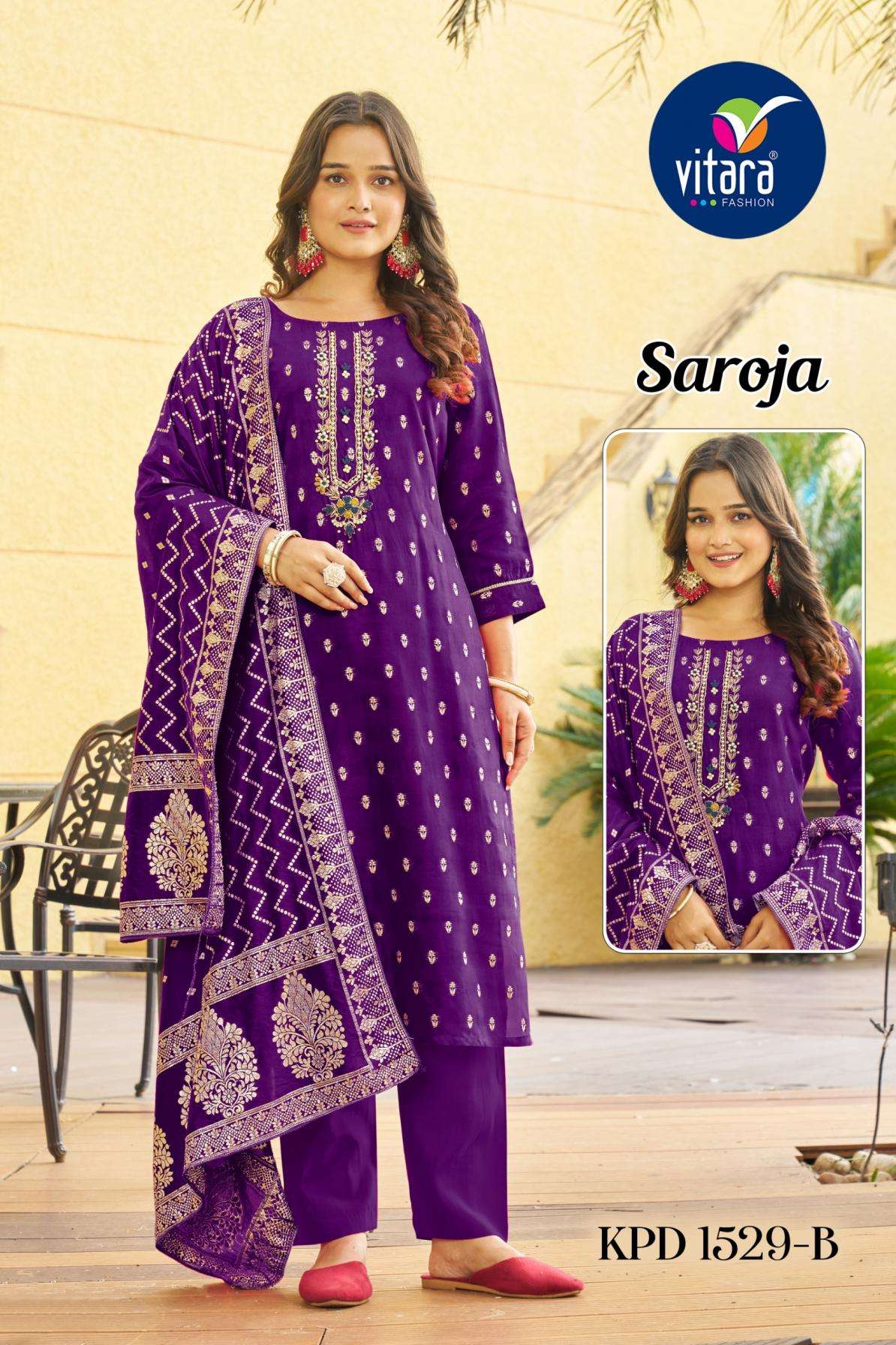 vitara fashion saroja series 1529 A to 1529 D ethnic style full stitch viscose combo suit in wholesale surat