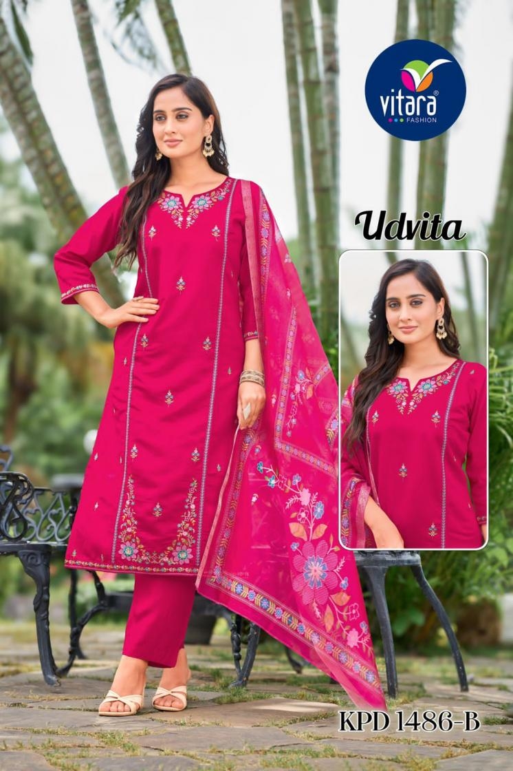 vitara fashion udvita series 1486 A to 1486 D roman silk full stitch combo indian salwar suits in wholesale surat