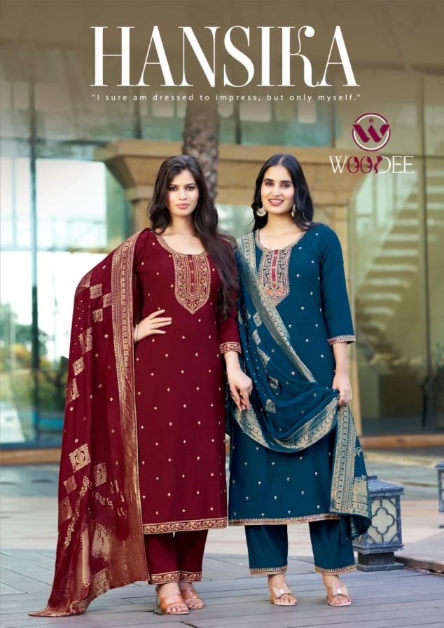 woodee present hansika series 1001 to 1006 viscose vartican readymade suit in wholesale surat