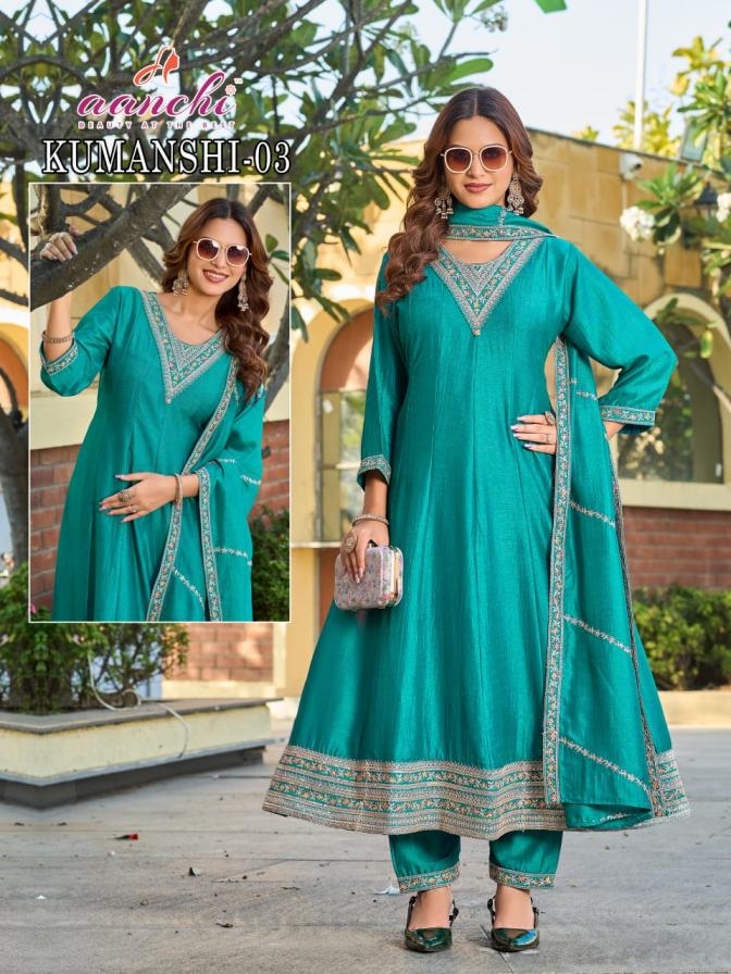 aanchi kumanshi 01 series 03 vichitra silk readymade combo set suit in wholesale surat