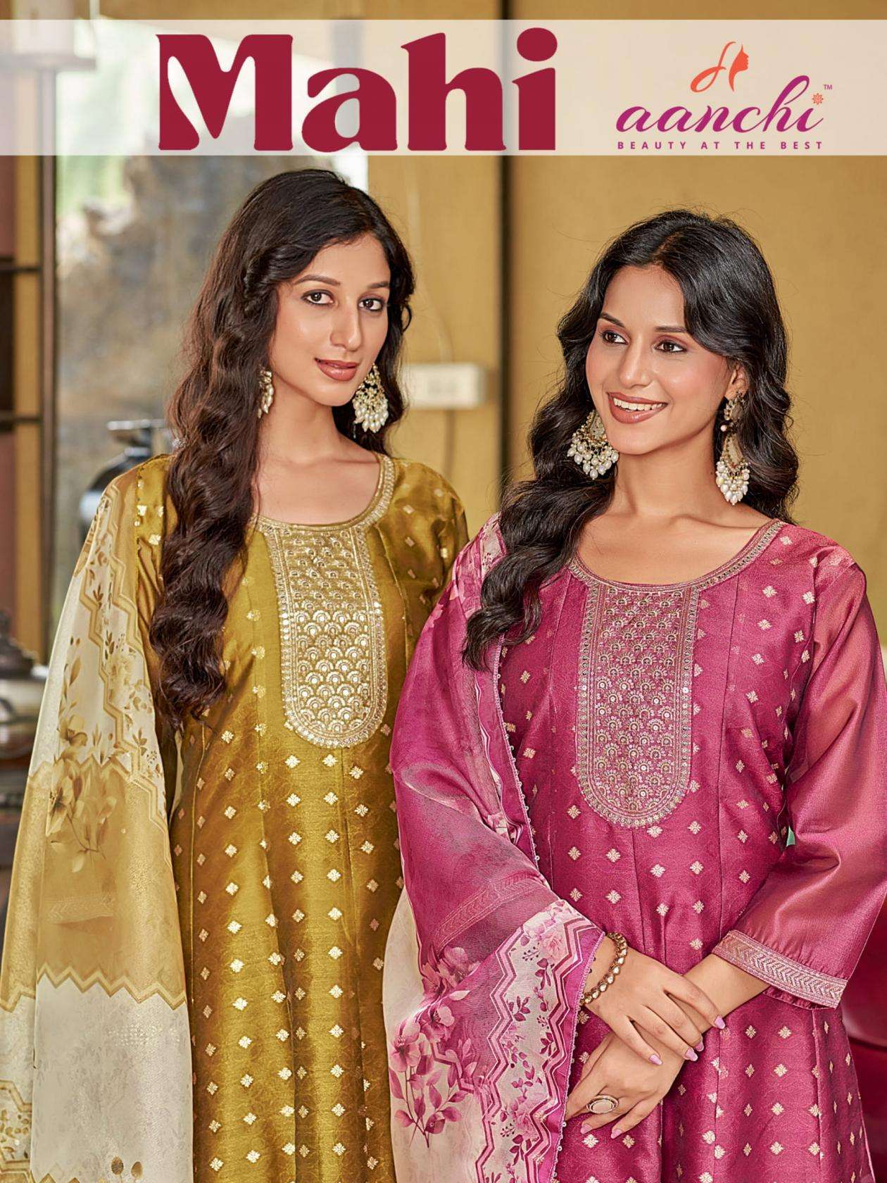 aanchi mahi shimmer jacquard fully stitch classic ladies suits in wholesale surat