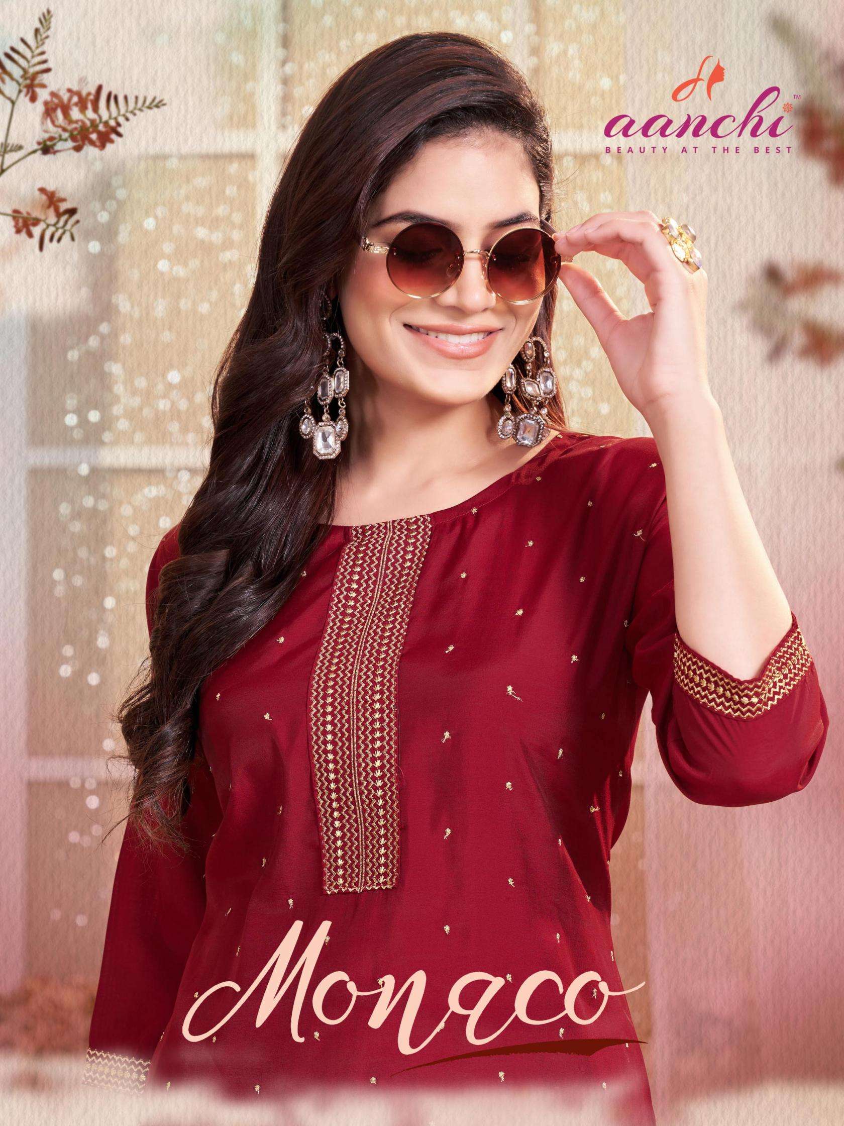 aanchi monaco series 1001 to 1005 roman silk readymade pretty look long kurti in wholesale surat
