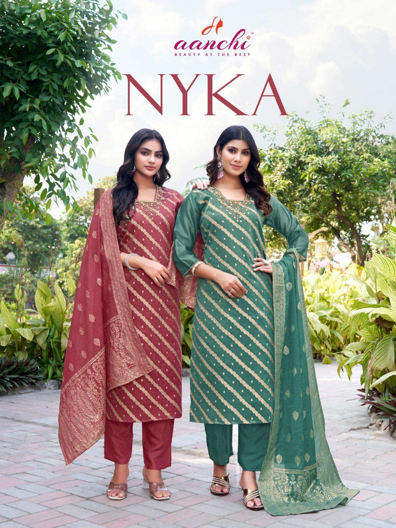 aanchi nyka shimmer jacquard fully stitch unique suit in wholesale surat