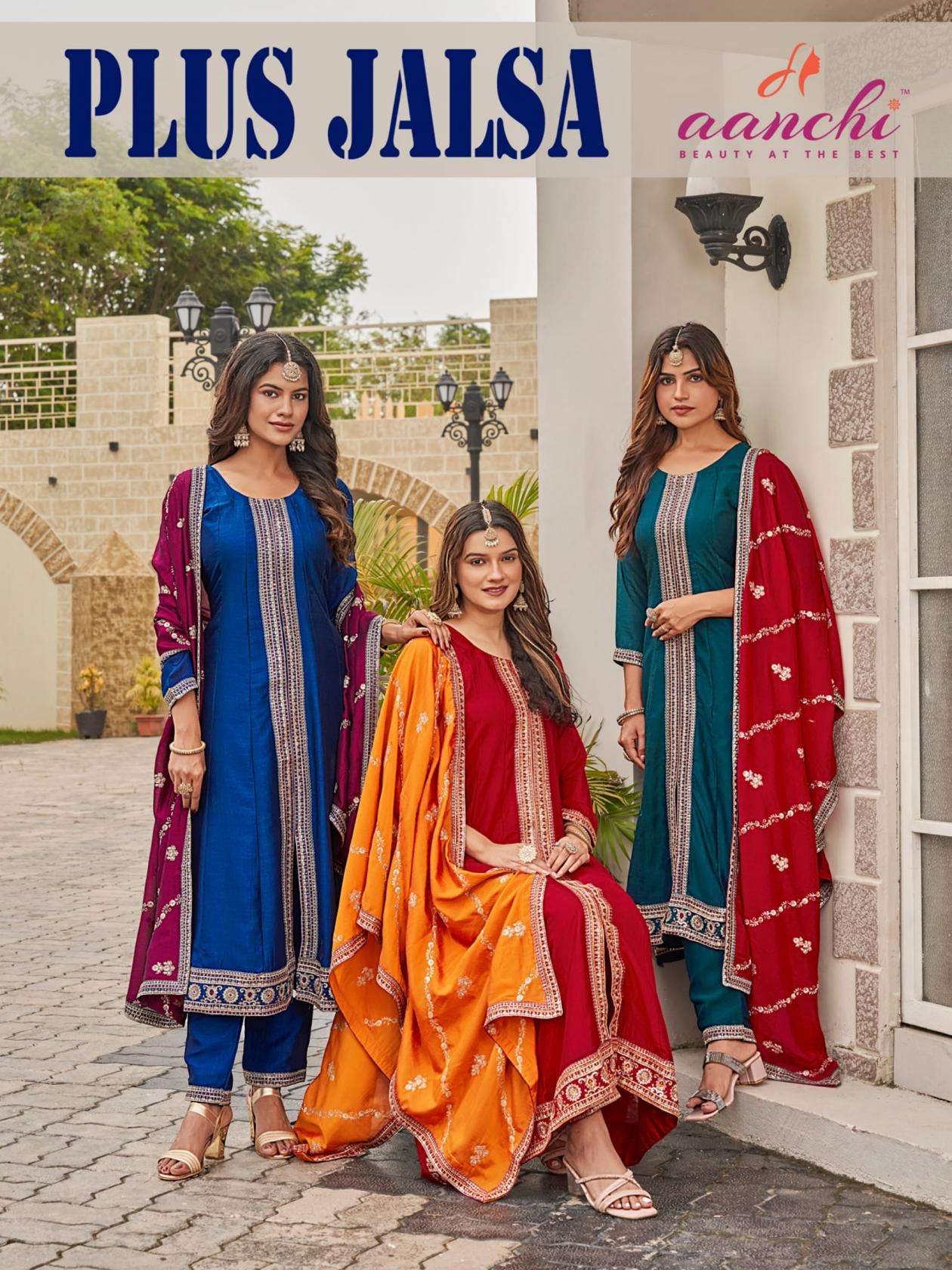 aanchi plus jalsa vichitra silk readymade unique big size combo suit in wholesale surat