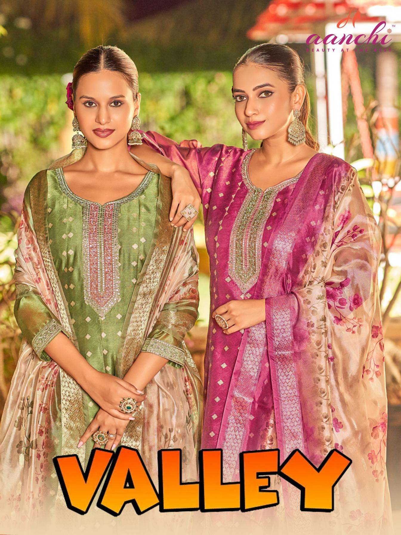 aanchi valley shimmer jacquard elegant style readymade suits in wholesale surat