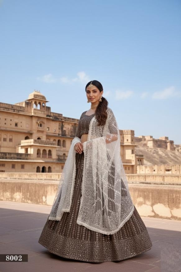 aawiya 8002 caramel georgette semi stitch lehenga unstitch choli in wholesale surat