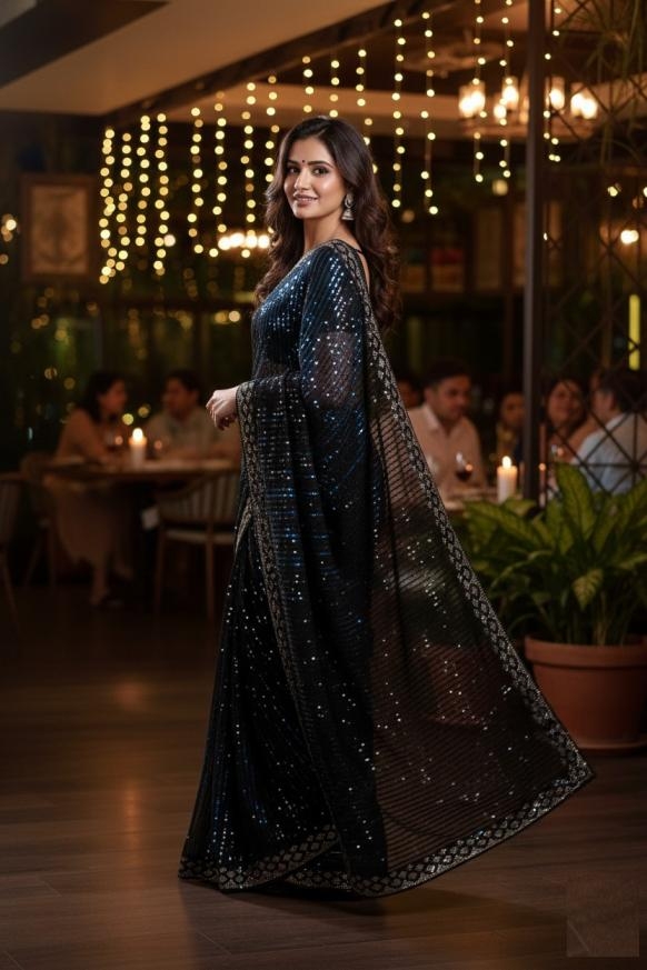 aawiya p19 black colour georgette sequence work sarees in wholesale surat