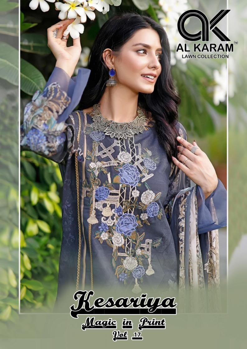 al karam kesariya magic in print vol 17 series 17001 to 17006 cambric pakistani salwar kamesz in wholesale surat