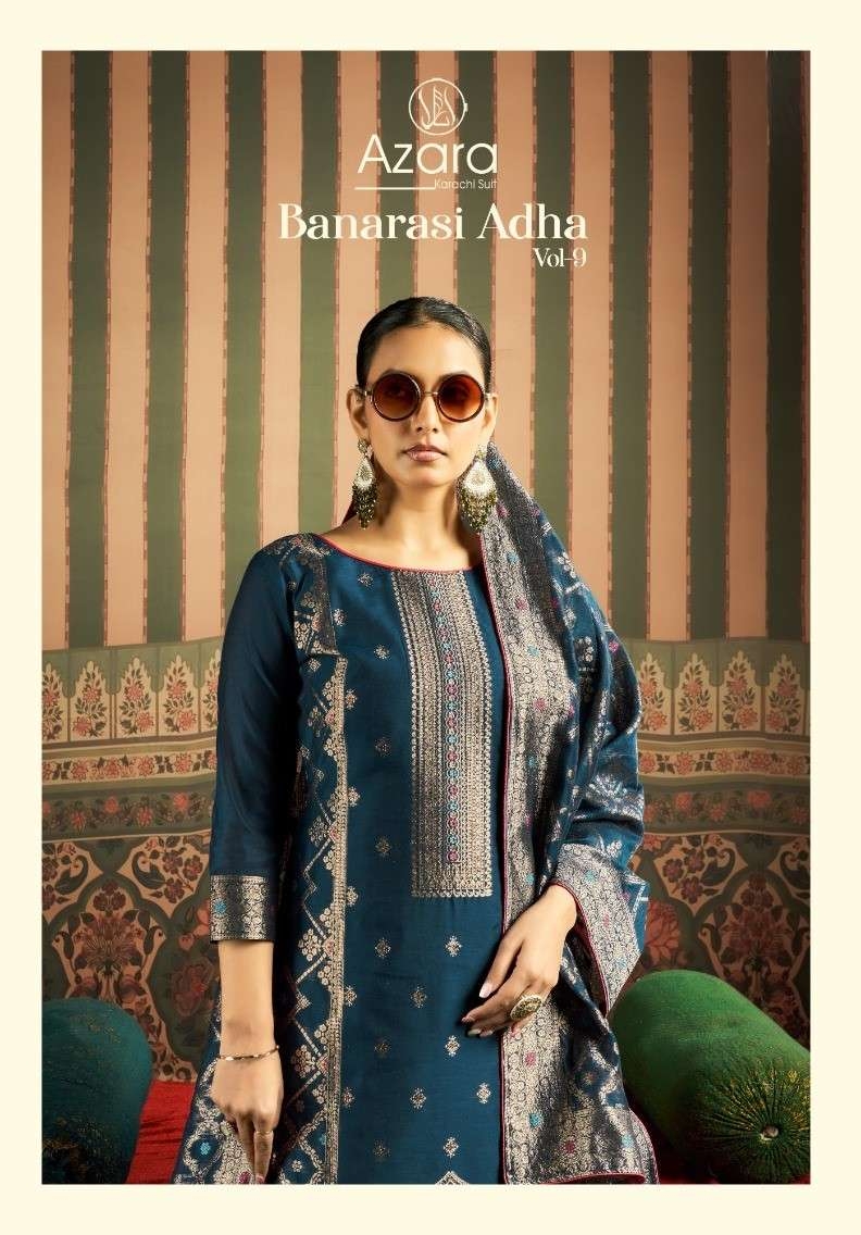 azara radhika fashion banarasi adha vol 9 series 89001 to 89006 cotton jacquard suits in wholesale surat