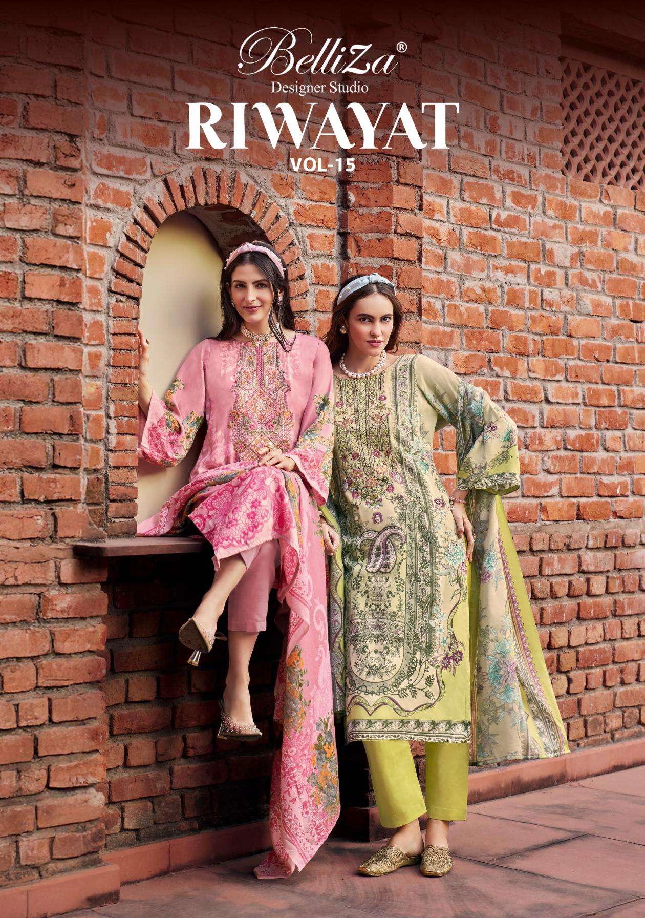 belliza designer riwayat vol 15 series 929001 to 929008 viscose rayon modern pakistani salwar kameez in wholesale surat