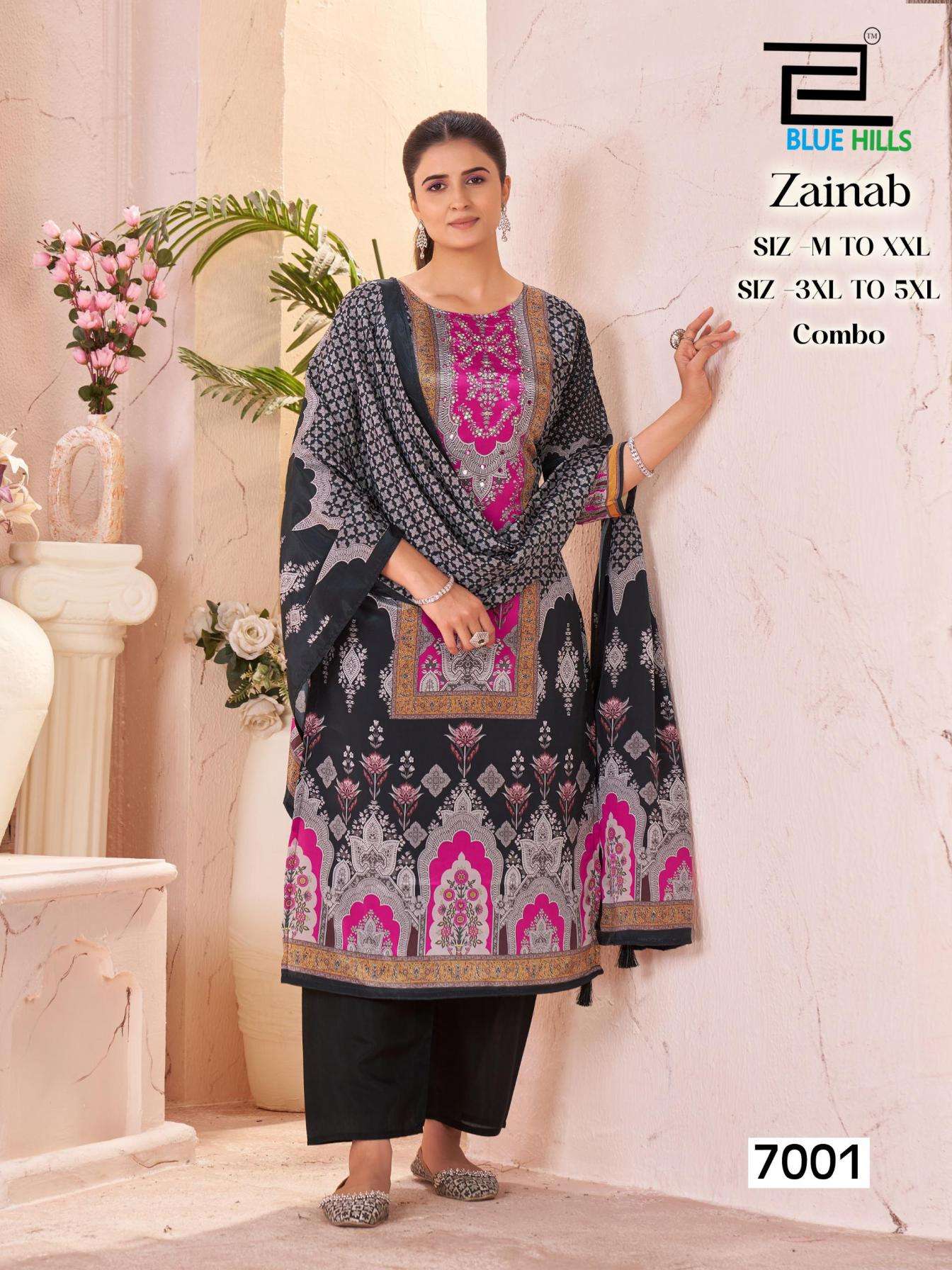 blue hills zainab series 7001 to 7005 poly muslin readymade stylish plus size suit in wholesale surat