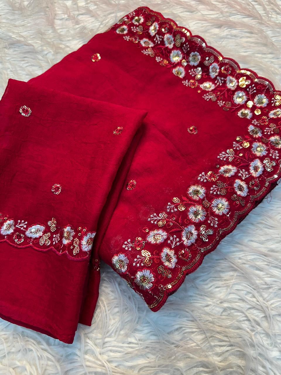 BT-53 ASH Soft Crush Silk Fabric Fancy Sequince & Thread Embroderiy work Saree in wholesale surat