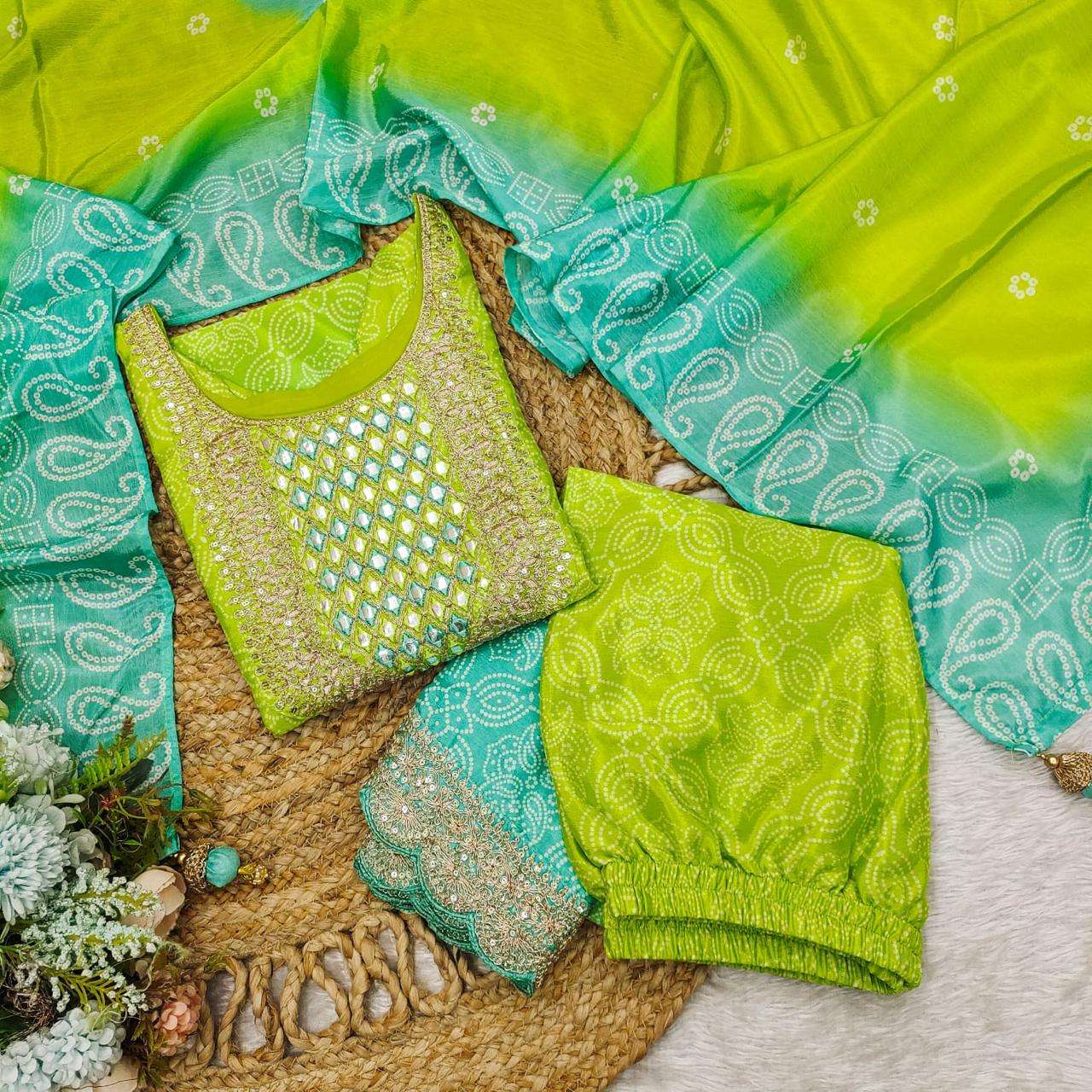 Chinon beautiful vibrant green and blue printed suit in wholesale surat