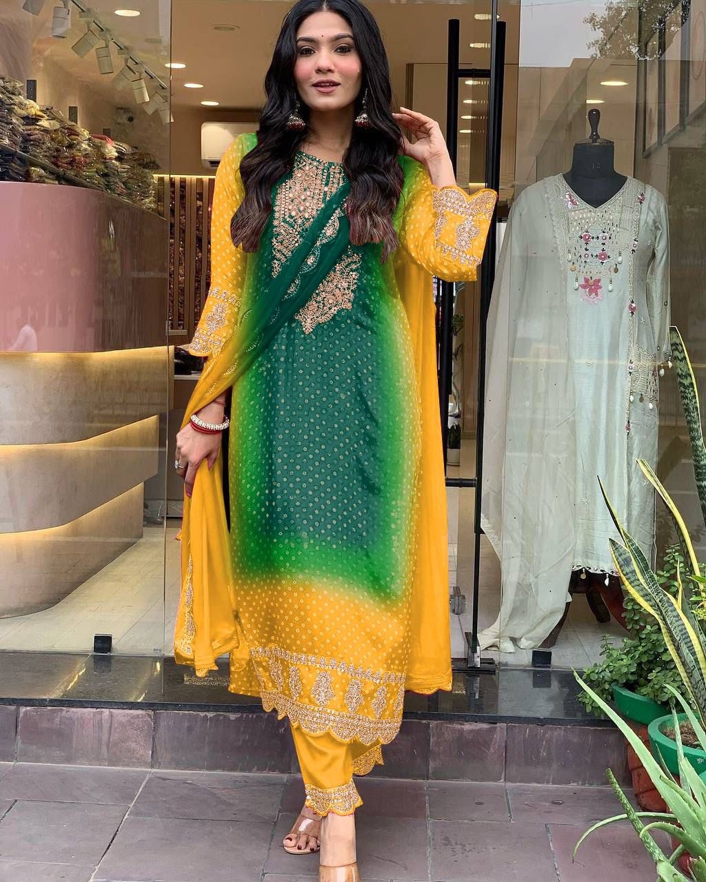 Chinon print embroidery work lace Maltiprint and pettern suit in wholesale surat