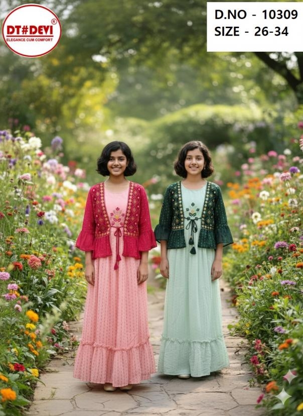 dt devi 10309 georgette readymade unique combo kids gown with koti in wholesale surat
