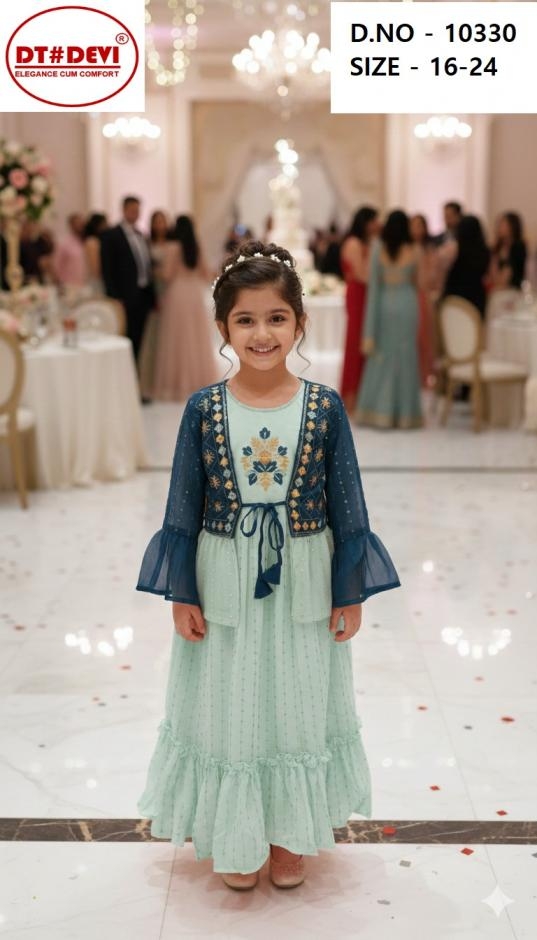 dt devi 10330 georgette fully stitch combo kids gown with coat in wholesale surat