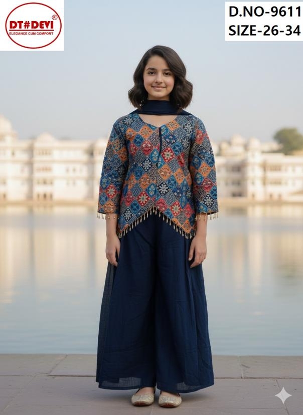 dt devi aryaa vol 2 georgette 9611 fully stitch unique combo kids plazzo suit in wholesale surat