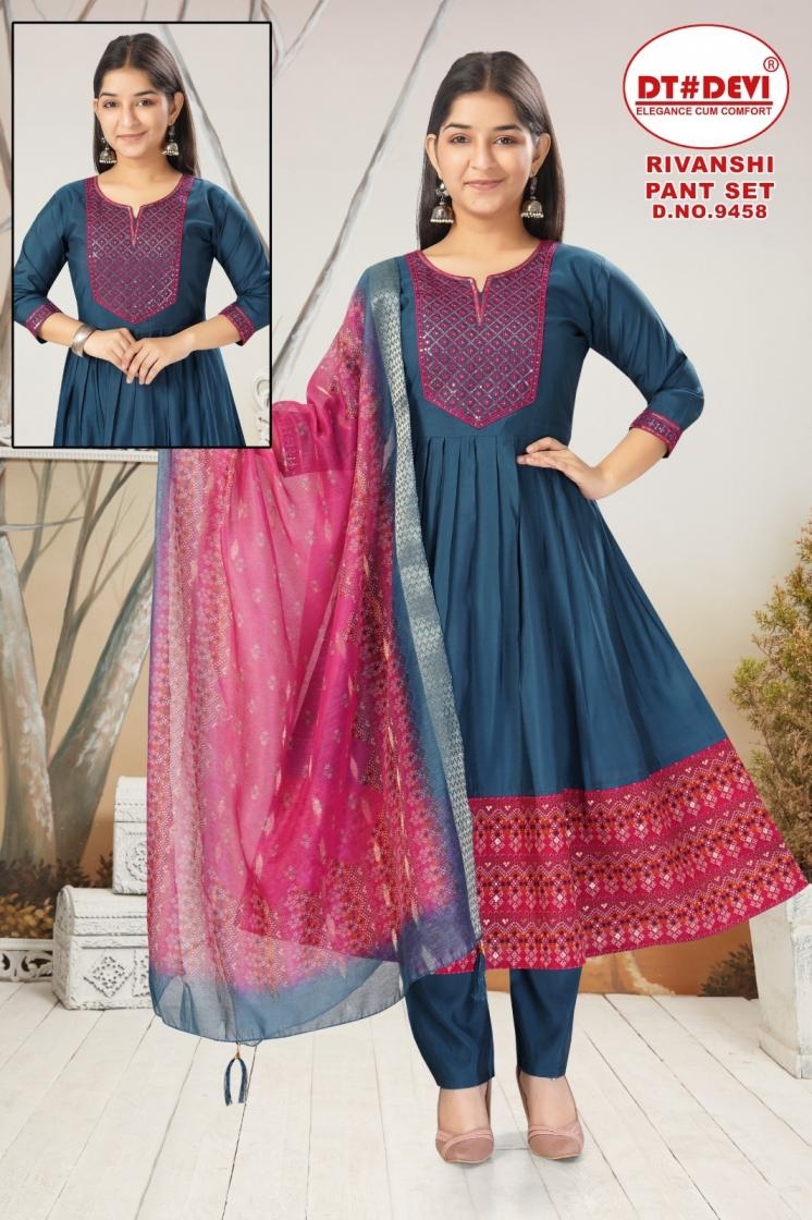 dt devi rivanshi 9458 fully stitch modern kids 3pcs combo suit in wholesale surat