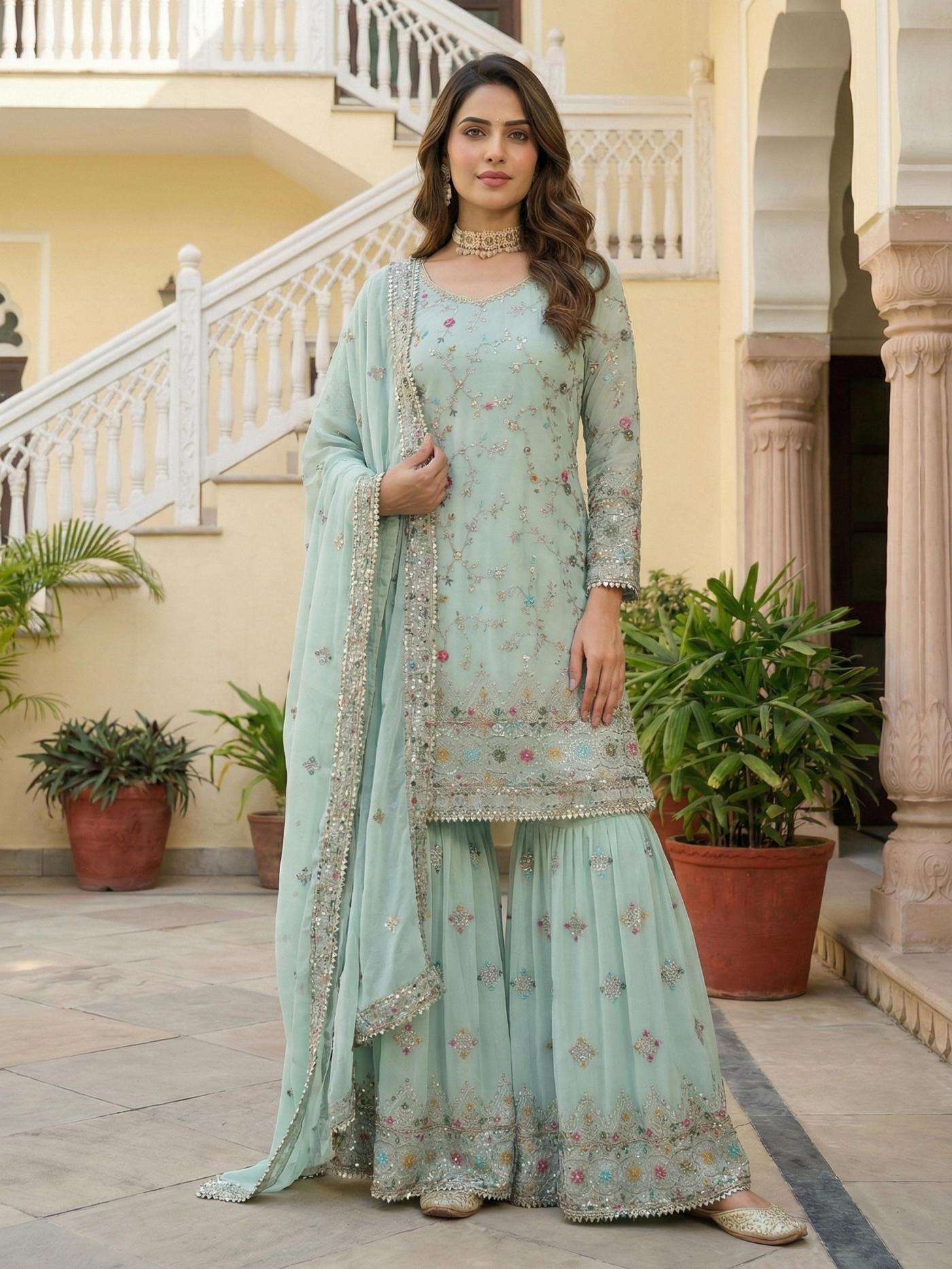 dvd 5152 faux georgette embroidery sequence readymade sharara suit in wholesale surat