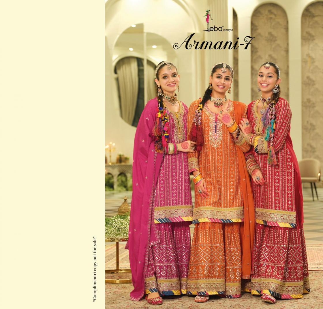 eba lifestyle armani vol 7 series 2121 to 2124 chinon readymade exclusive plazzo suits in wholesale surat