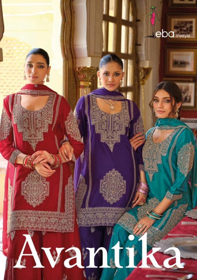 eba lifestyle avantika series 1955 to 1958 traditional chinon readymade plazzo suit in wholesale surat