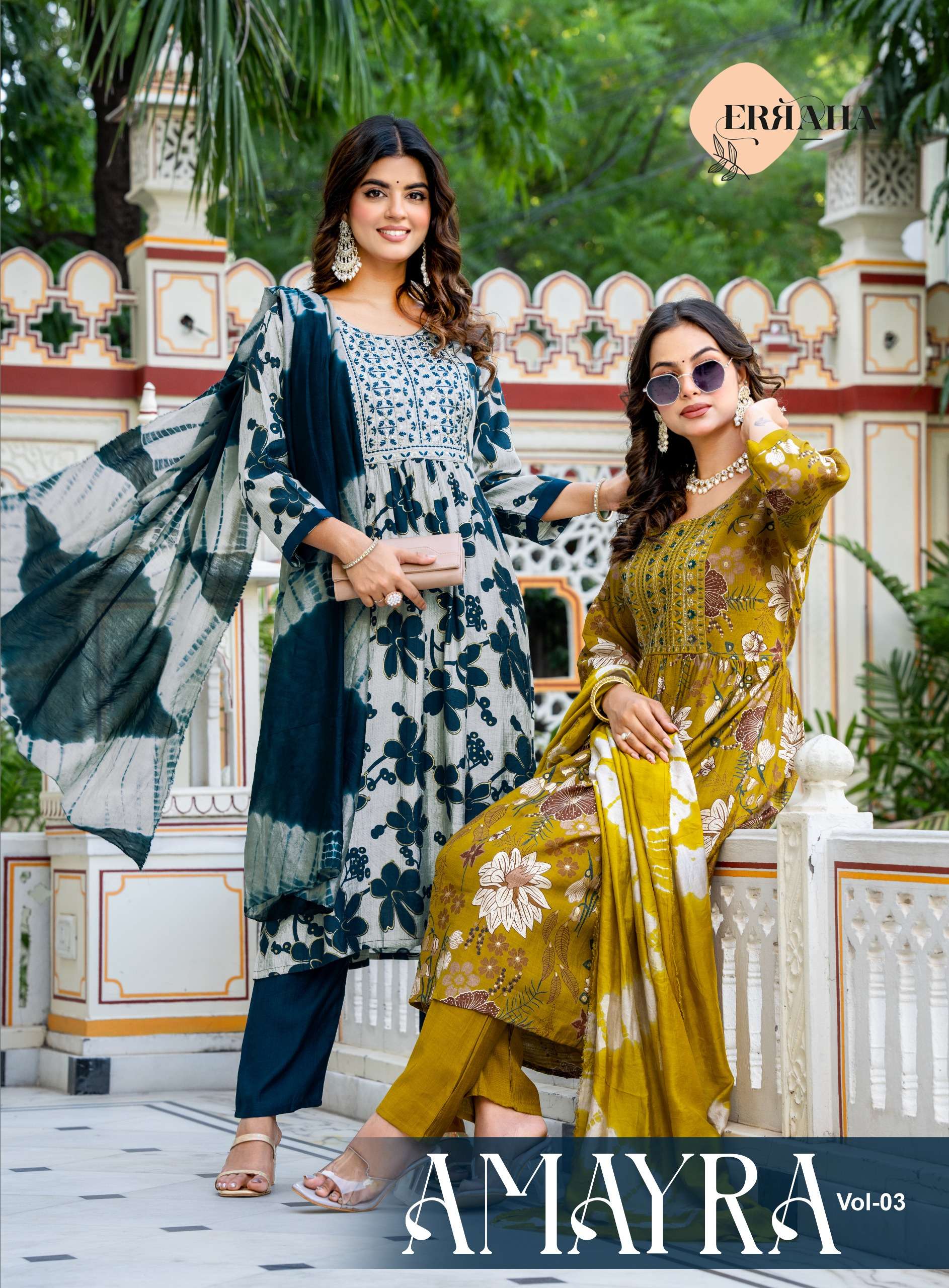 Erraha Amayra Vol-3 series 4021 to 4028 Heavy Vetican Printed With Foil Print And Embroidery Work Umbrella Style Kurti Pant With Dupatta in wholesale surat