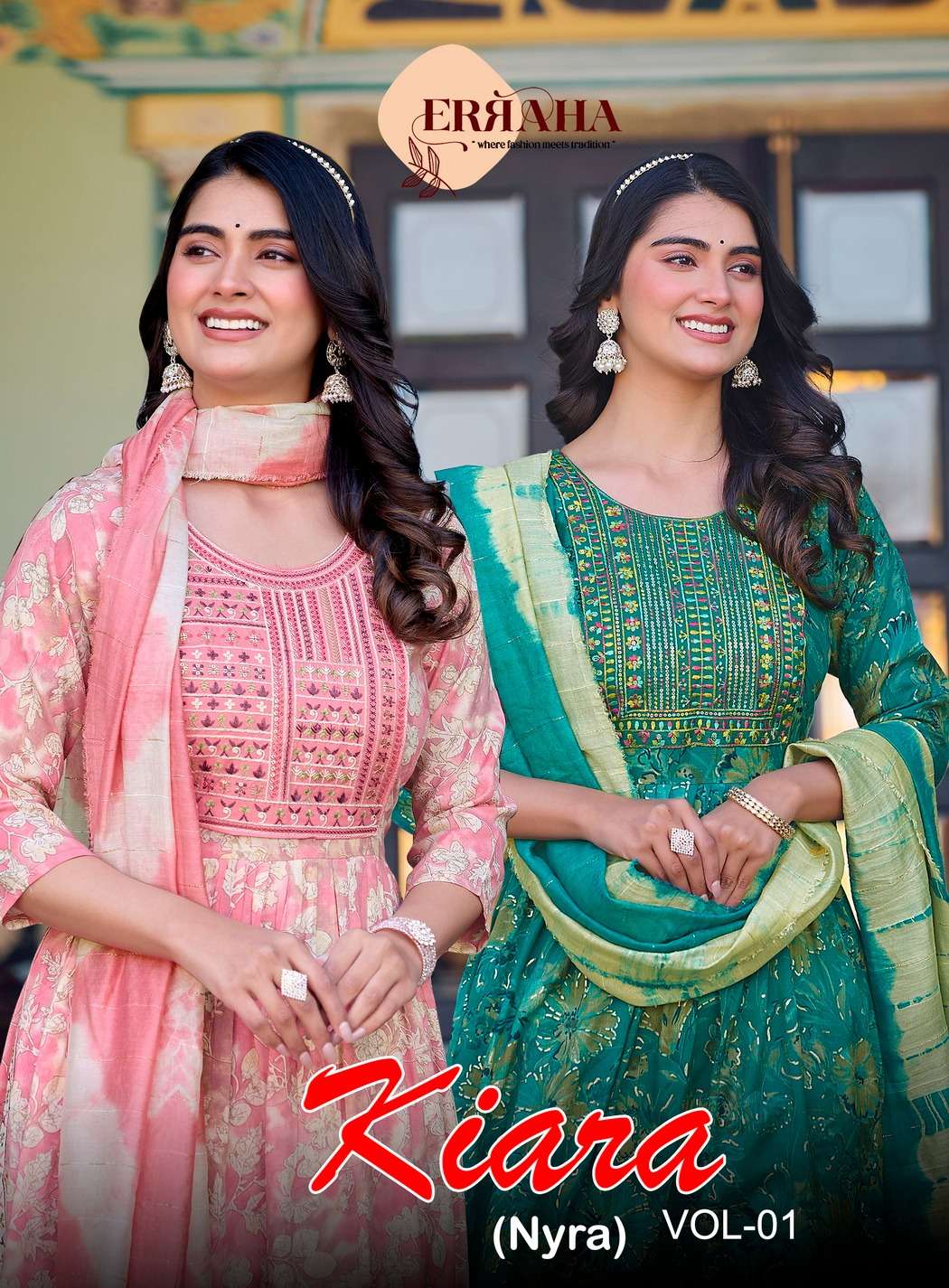 Erraha Kiara Vol-1 series  501 to 508 Heavy Rayon Capsule With Foil Print With Nyra Cut And Embroidery On Neck Kurti Pant With Dupatta in wholesale surat