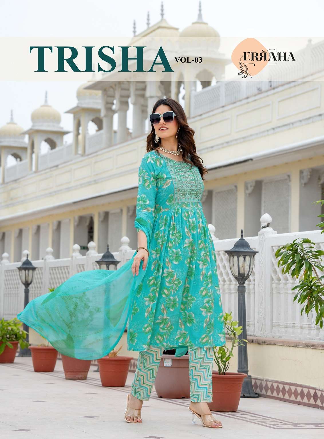 Erraha Trisha Vol-3 series 1017 to 1024 Heavy Rayon Capsule Printed With Foil Print And Embroidery Work Umbrella Style Kurti Pant With Dupatta in wholesale surat