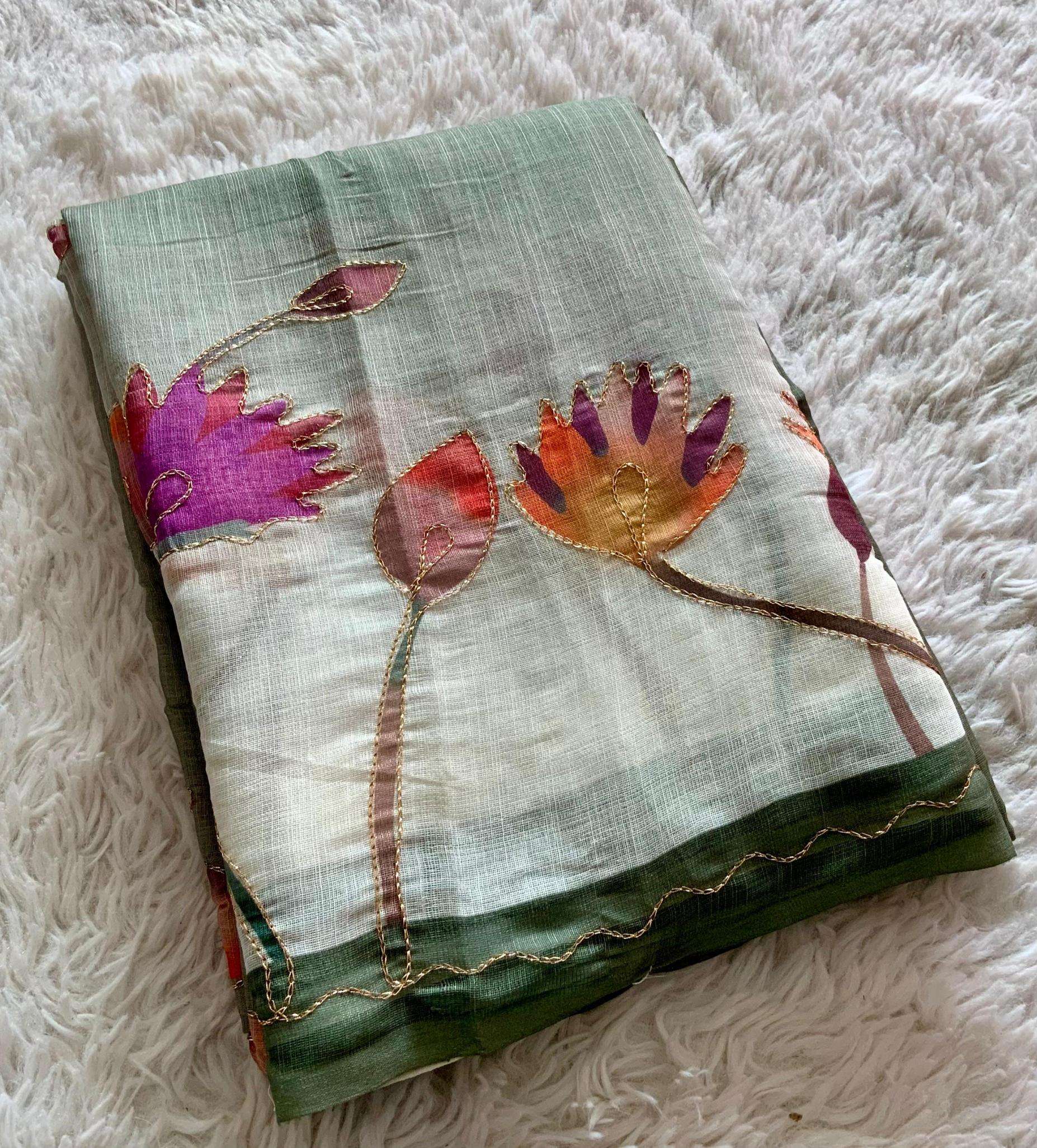 floral aari soft linen cotton unique colours sarees in wholesale surat