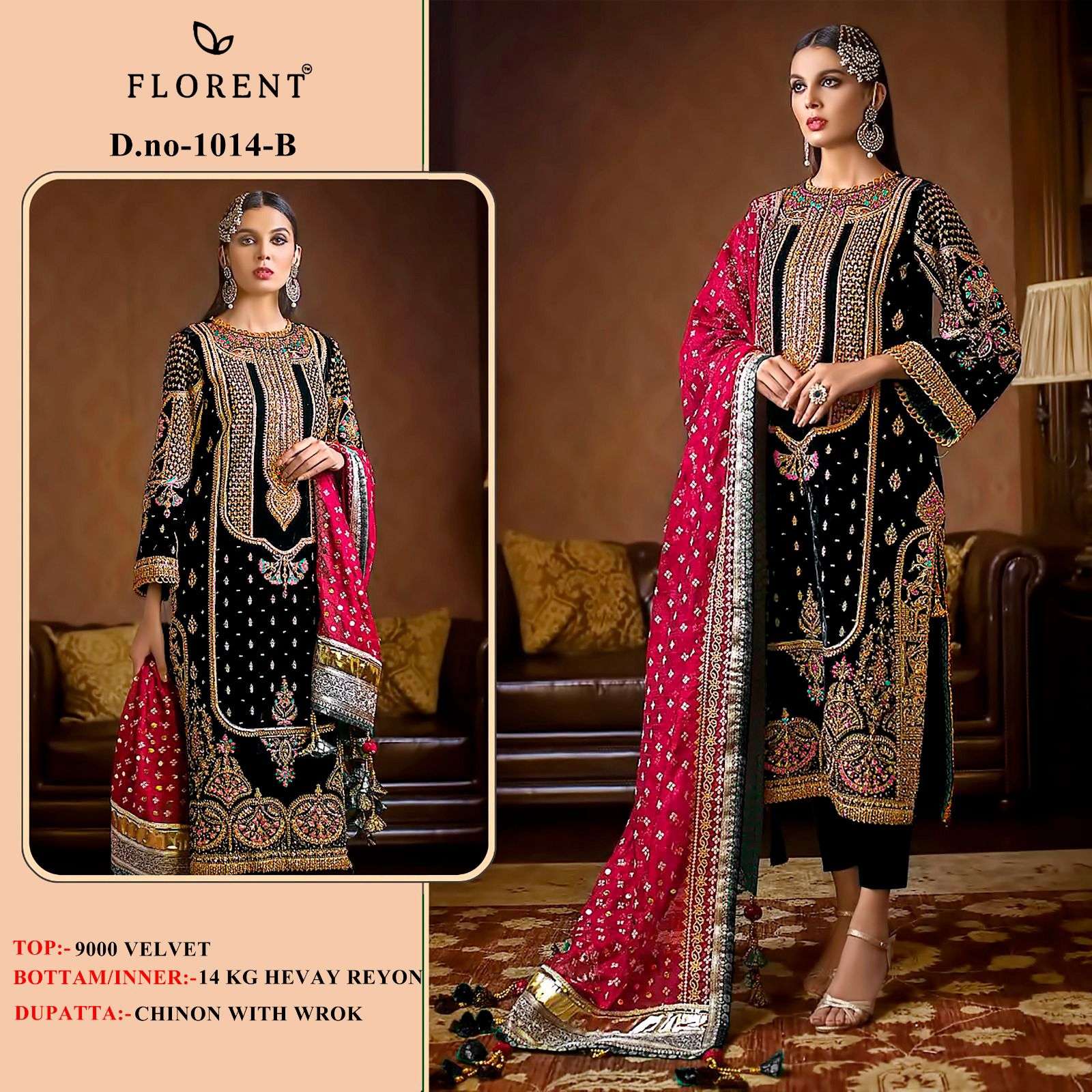 FLORENT™️ D NO- 1014  AB 9000 VELVET WITH HEAVY EMBROIDERY SUIT IN WHOLESALE SURAT
