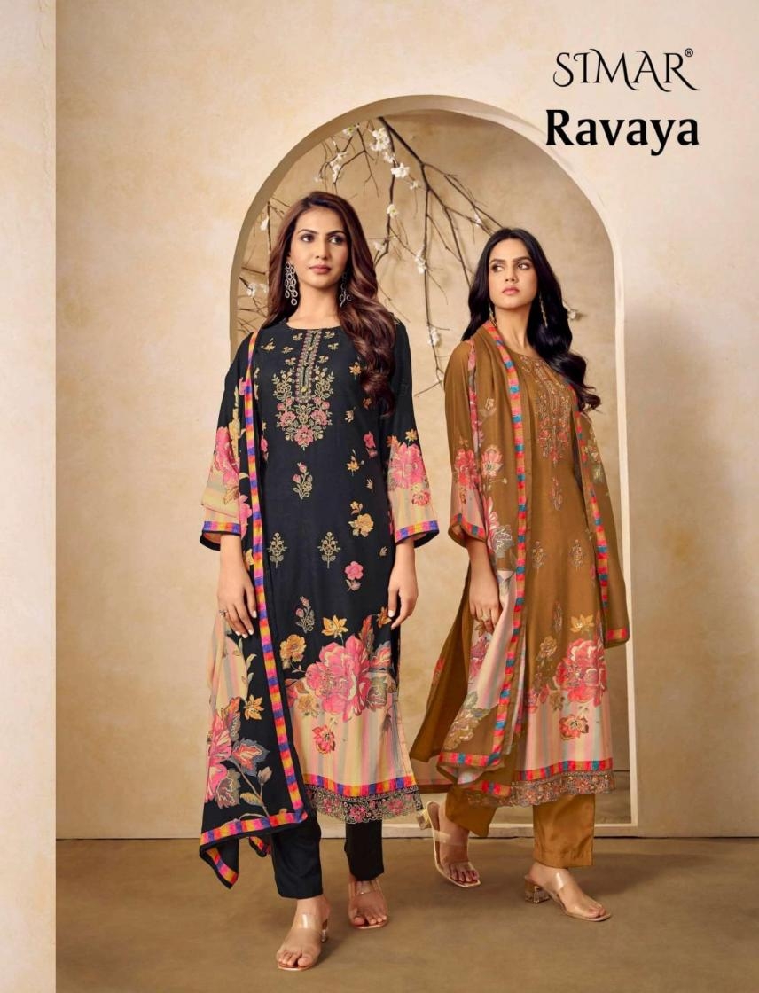 glossy simar ravaya 5113 series 5113 A to 5113 D colors viscose pashmina winter suit collection in wholesale surat